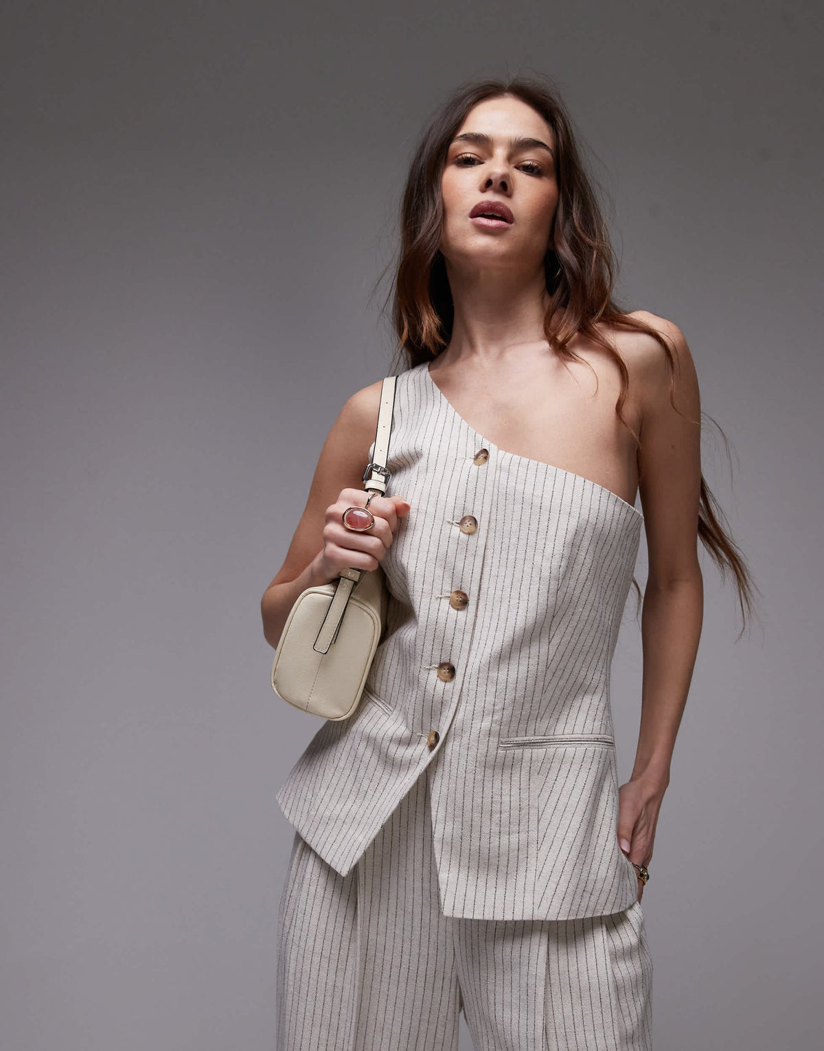 Topshop co ord linen stripe one shoulder top in cream - ASOS Sample Sale