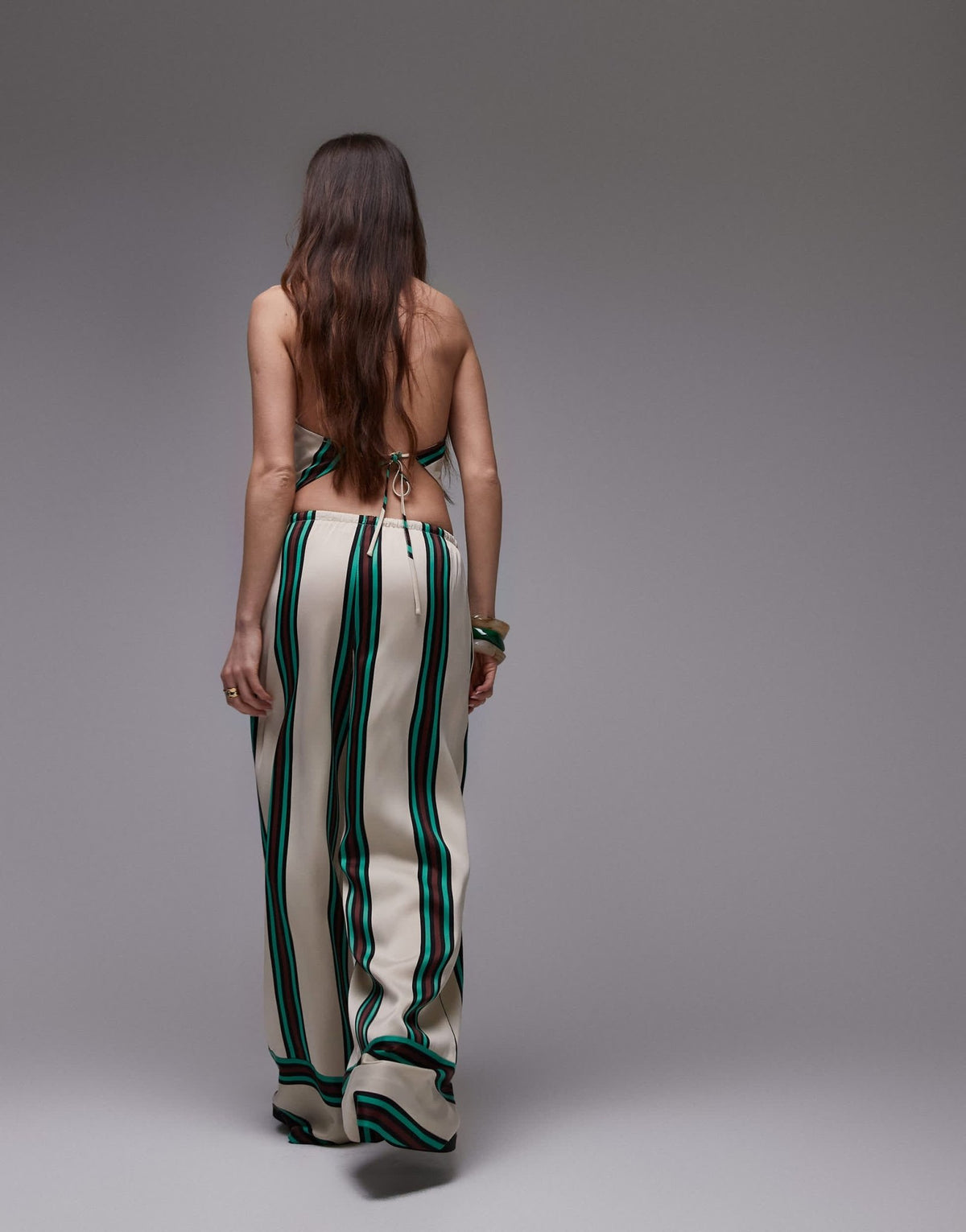 Topshop co ord mid-rise deep cuff satin trouser in beige with burgundy and teal stripe - ASOS Sample Sale