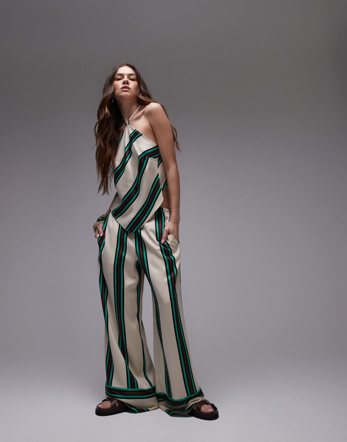 Topshop co ord mid-rise deep cuff satin trouser in beige with burgundy and teal stripe - ASOS Sample Sale