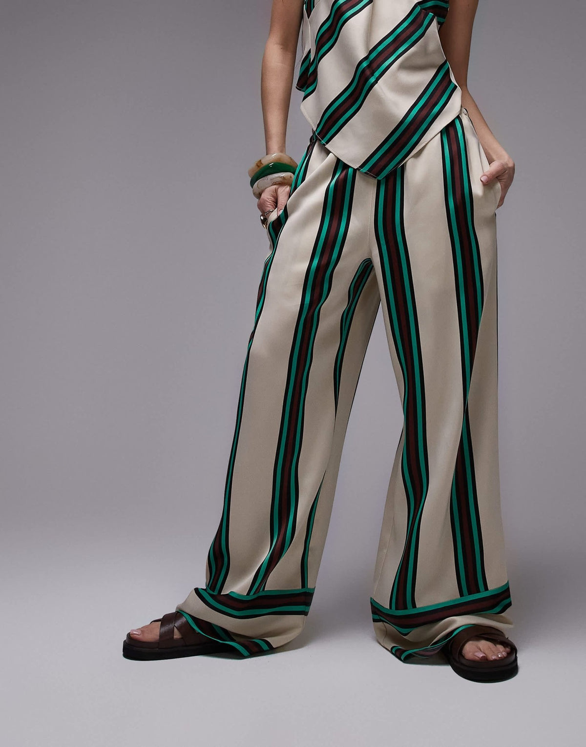 Topshop co ord mid-rise deep cuff satin trouser in beige with burgundy and teal stripe - ASOS Sample Sale