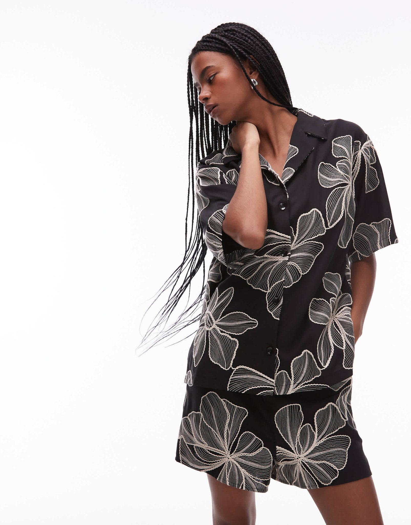 Topshop co-ord mono floral textured resort shirt in black - ASOS Sample Sale
