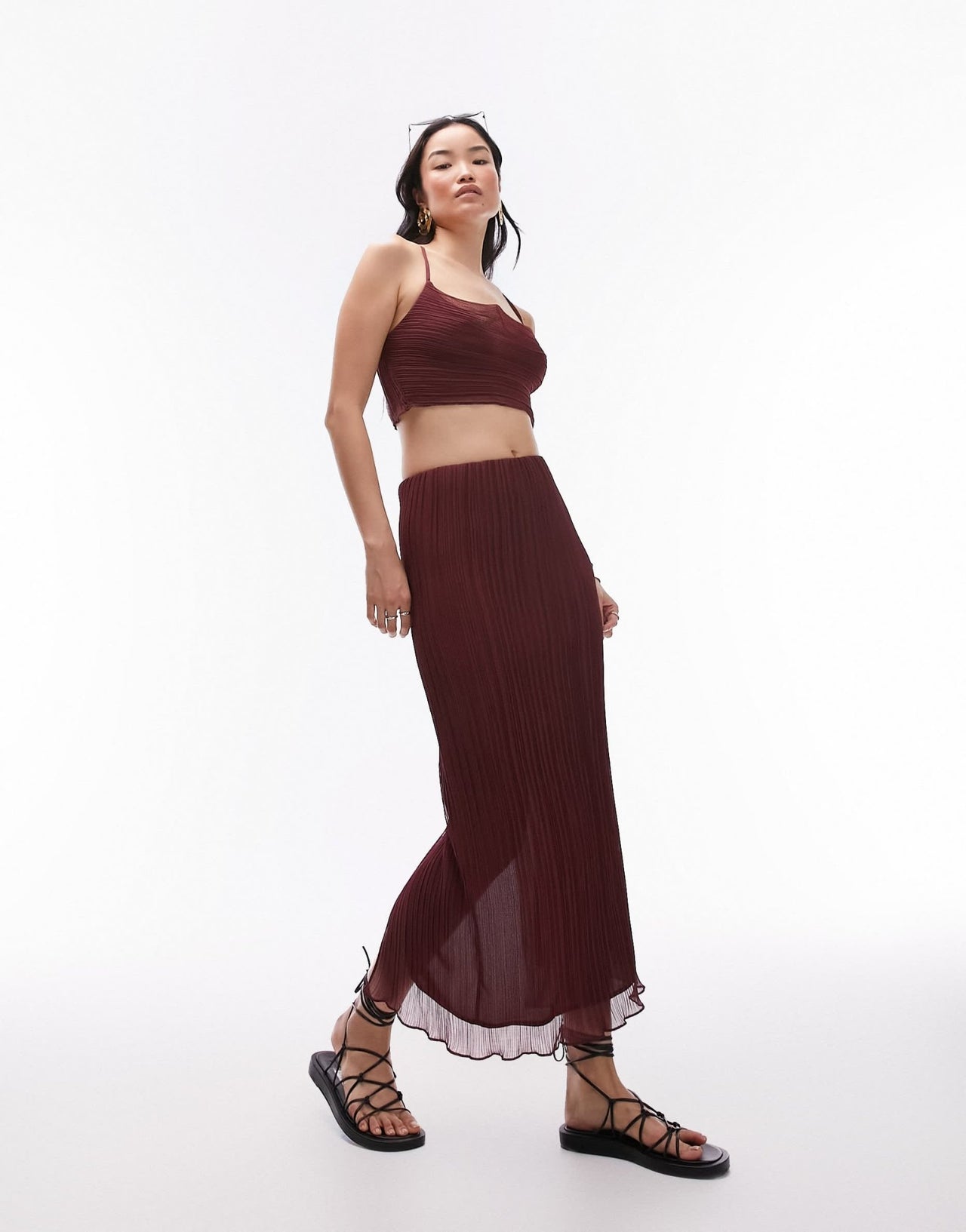 Topshop co - ord plisse straight midi skirt in maroon - ASOS Sample Sale