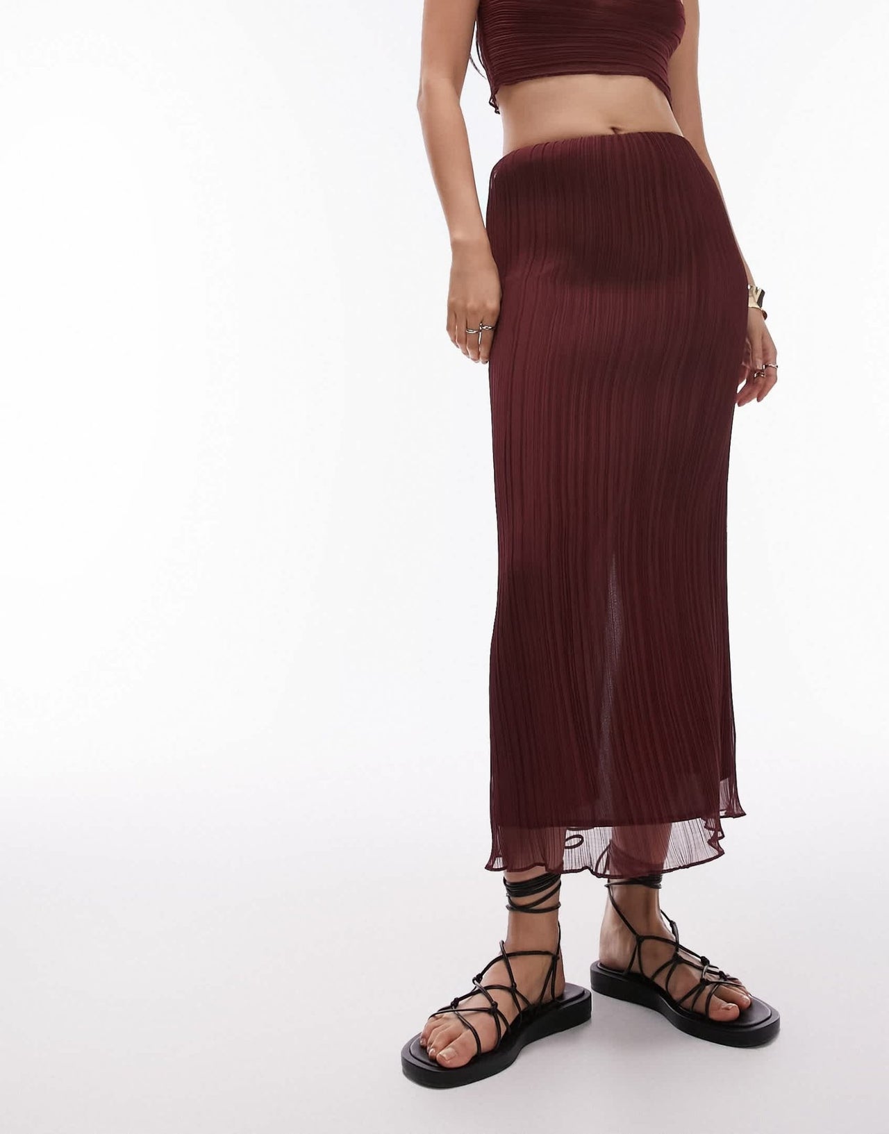 Topshop co - ord plisse straight midi skirt in maroon - ASOS Sample Sale
