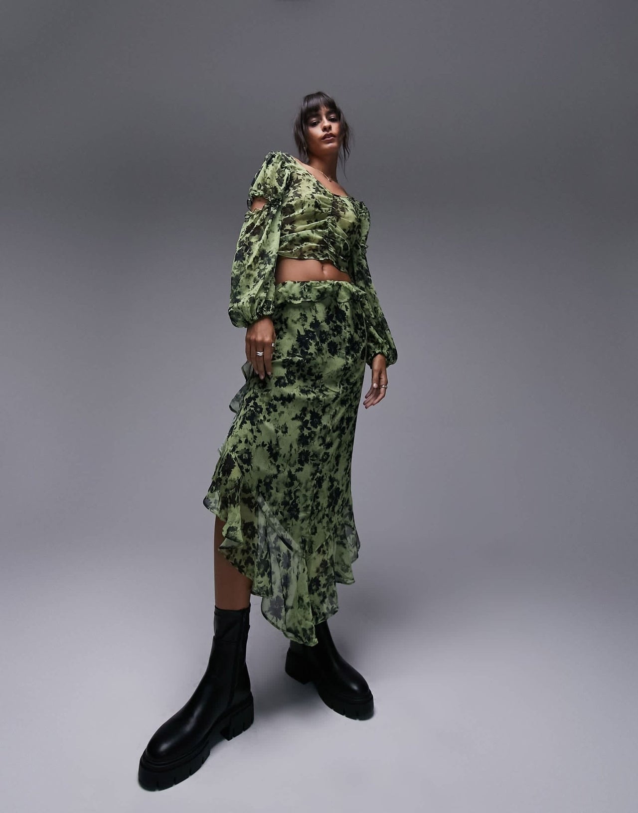 Topshop co - ord raw edge ruffle midi skirt in green floral - ASOS Sample Sale