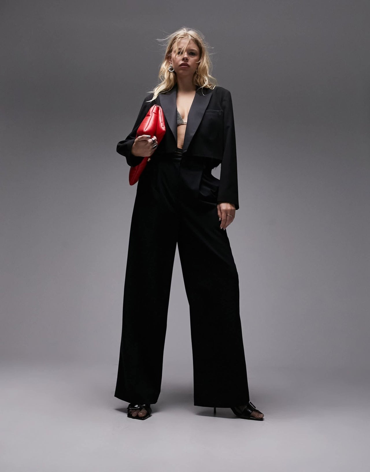 Topshop co-ord raw hem tuxedo wide leg tailored trouser in black - ASOS Sample Sale