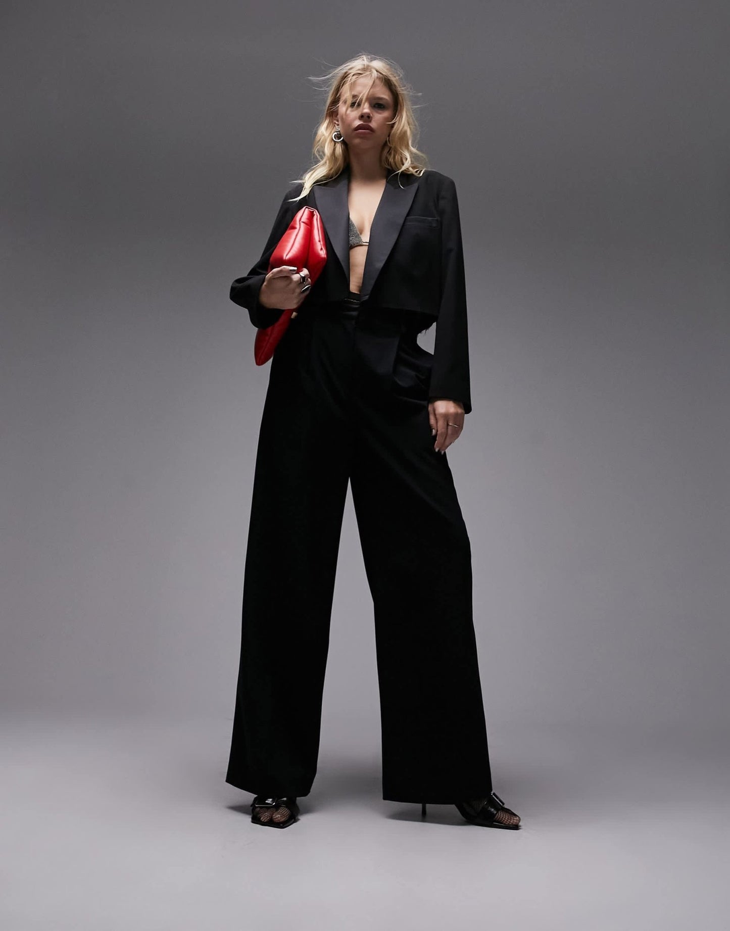 Topshop co-ord raw hem tuxedo wide leg tailored trouser in black - ASOS Sample Sale