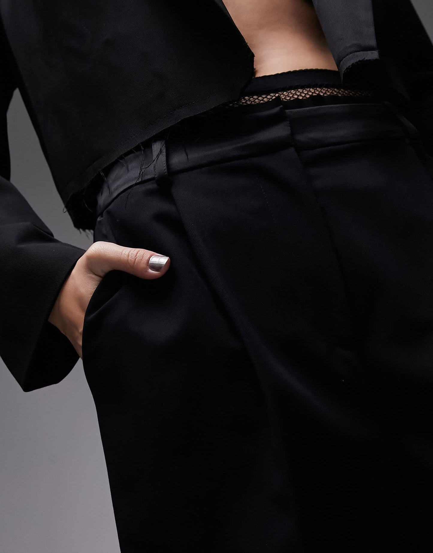 Topshop co-ord raw hem tuxedo wide leg tailored trouser in black - ASOS Sample Sale