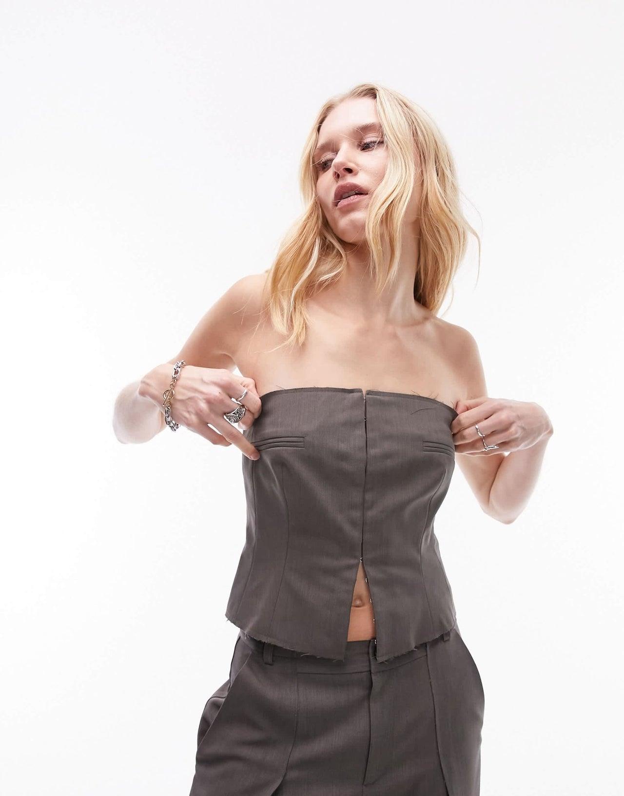 Topshop co - ord raw seam detail corset top in mid grey - ASOS Sample Sale