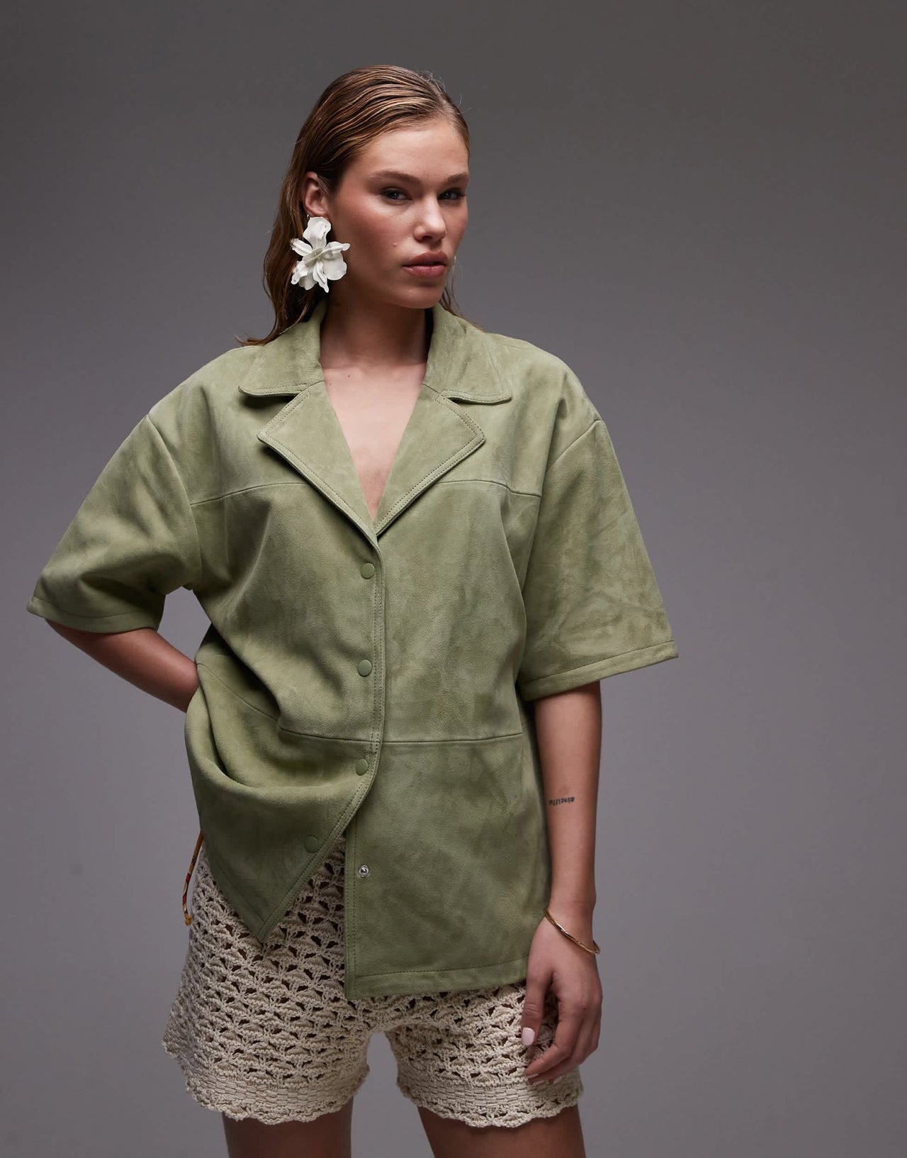 Topshop co - ord real suede resort shirt in khaki - ASOS Sample Sale