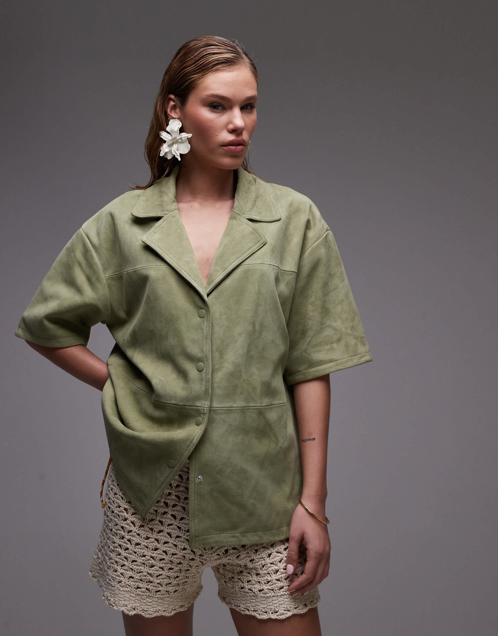 Topshop co - ord real suede resort shirt in khaki - ASOS Sample Sale
