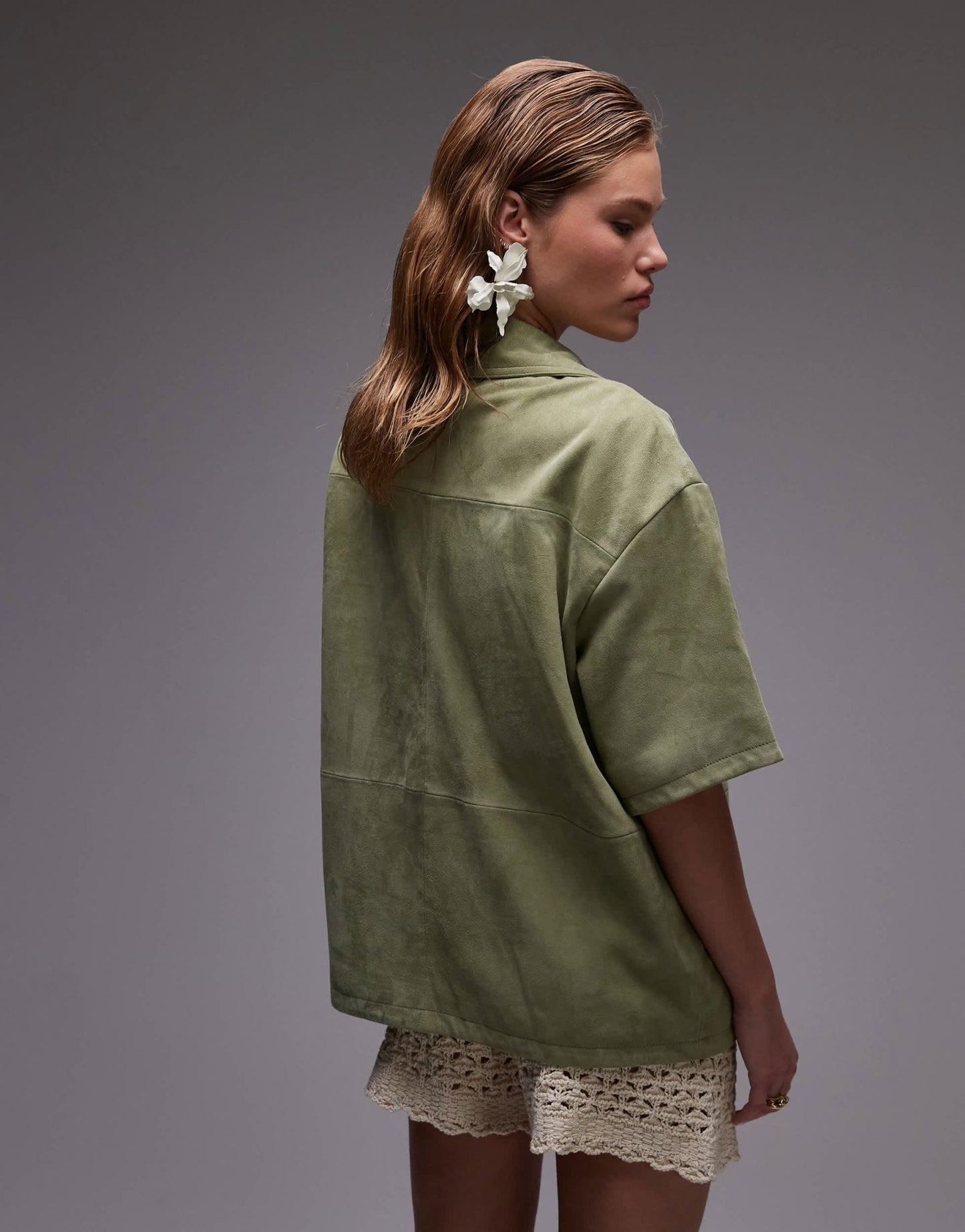 Topshop co - ord real suede resort shirt in khaki - ASOS Sample Sale
