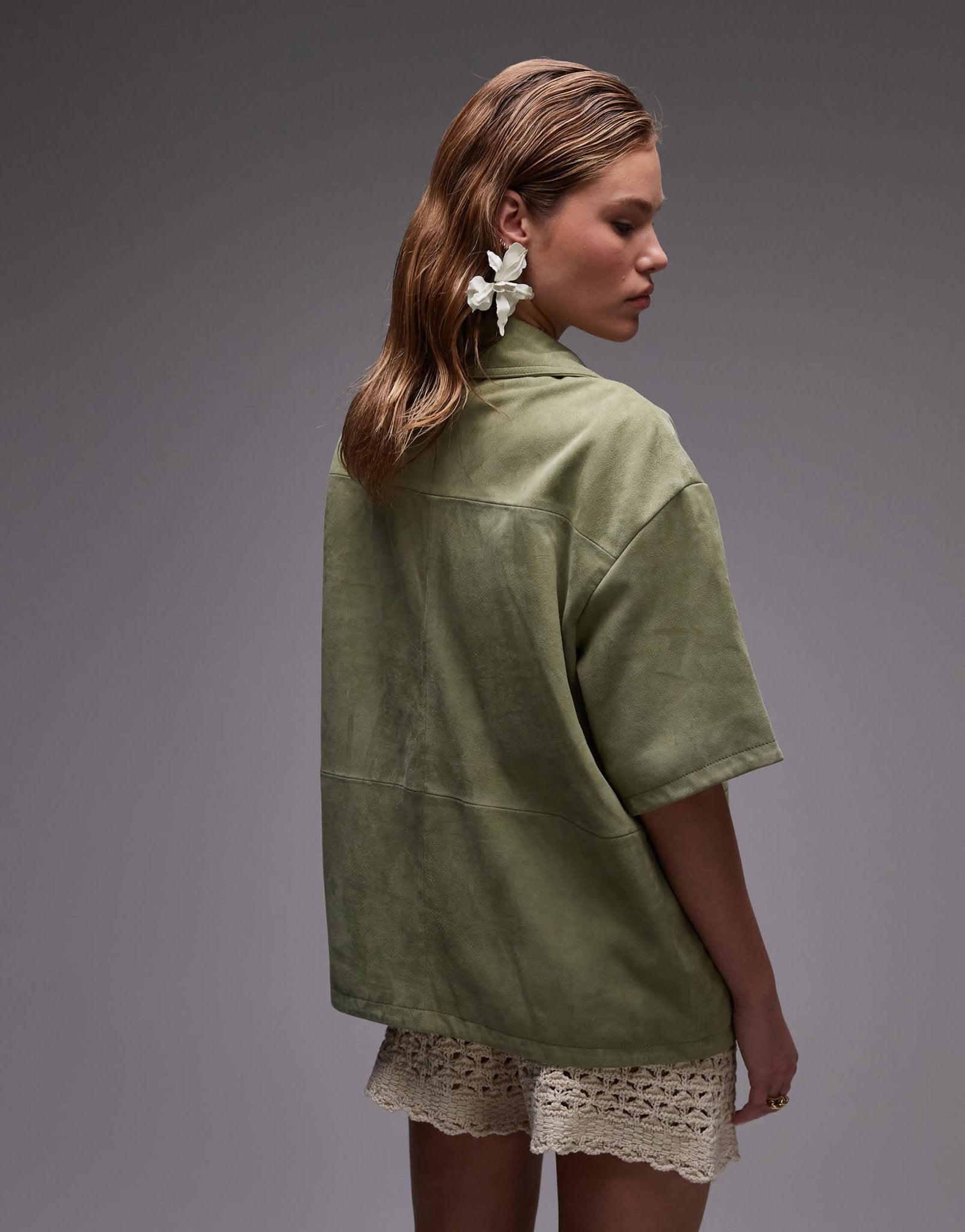 Topshop co - ord real suede resort shirt in khaki - ASOS Sample Sale