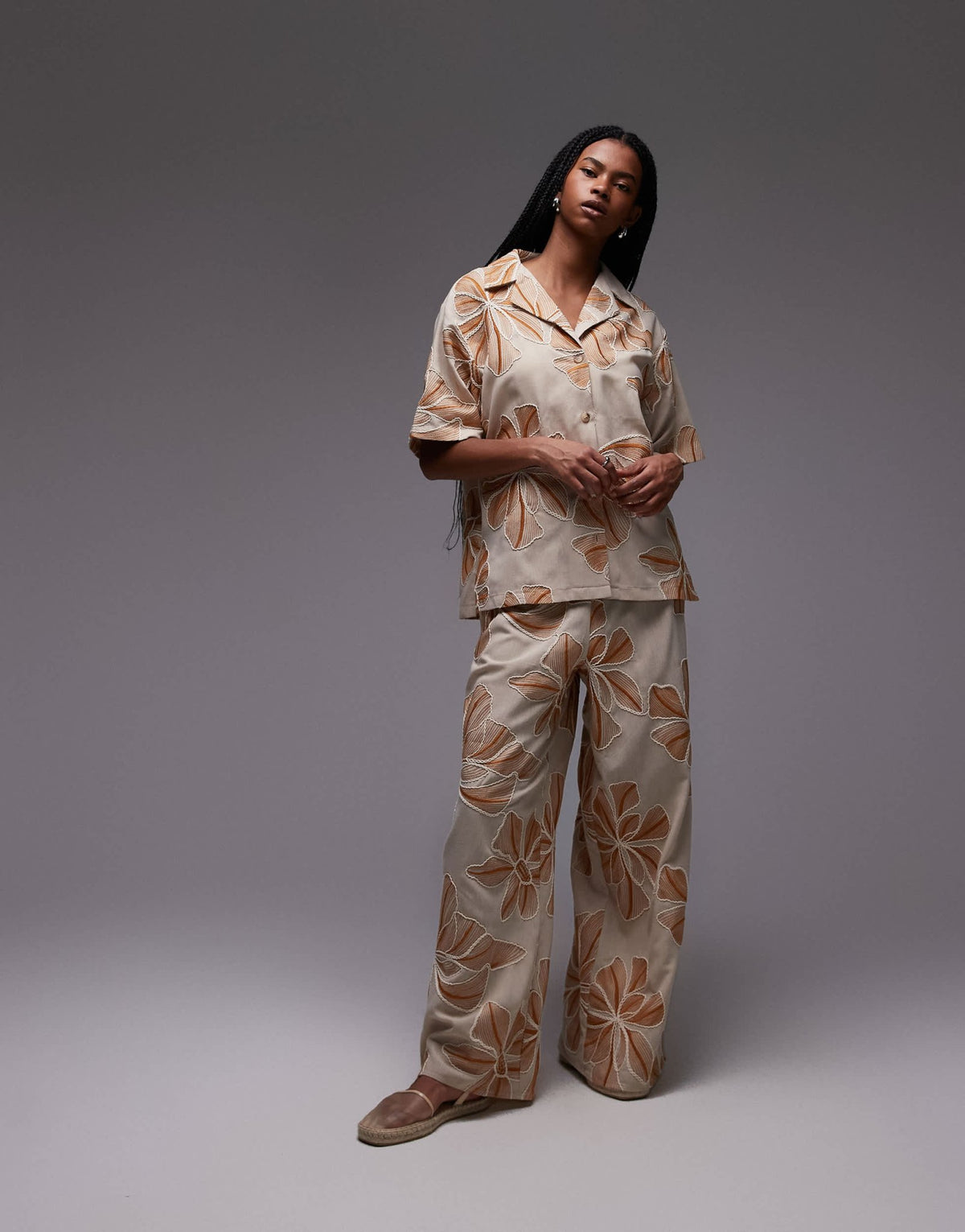 Topshop co-ord resort shirt in natural floral stitch - ASOS Sample Sale