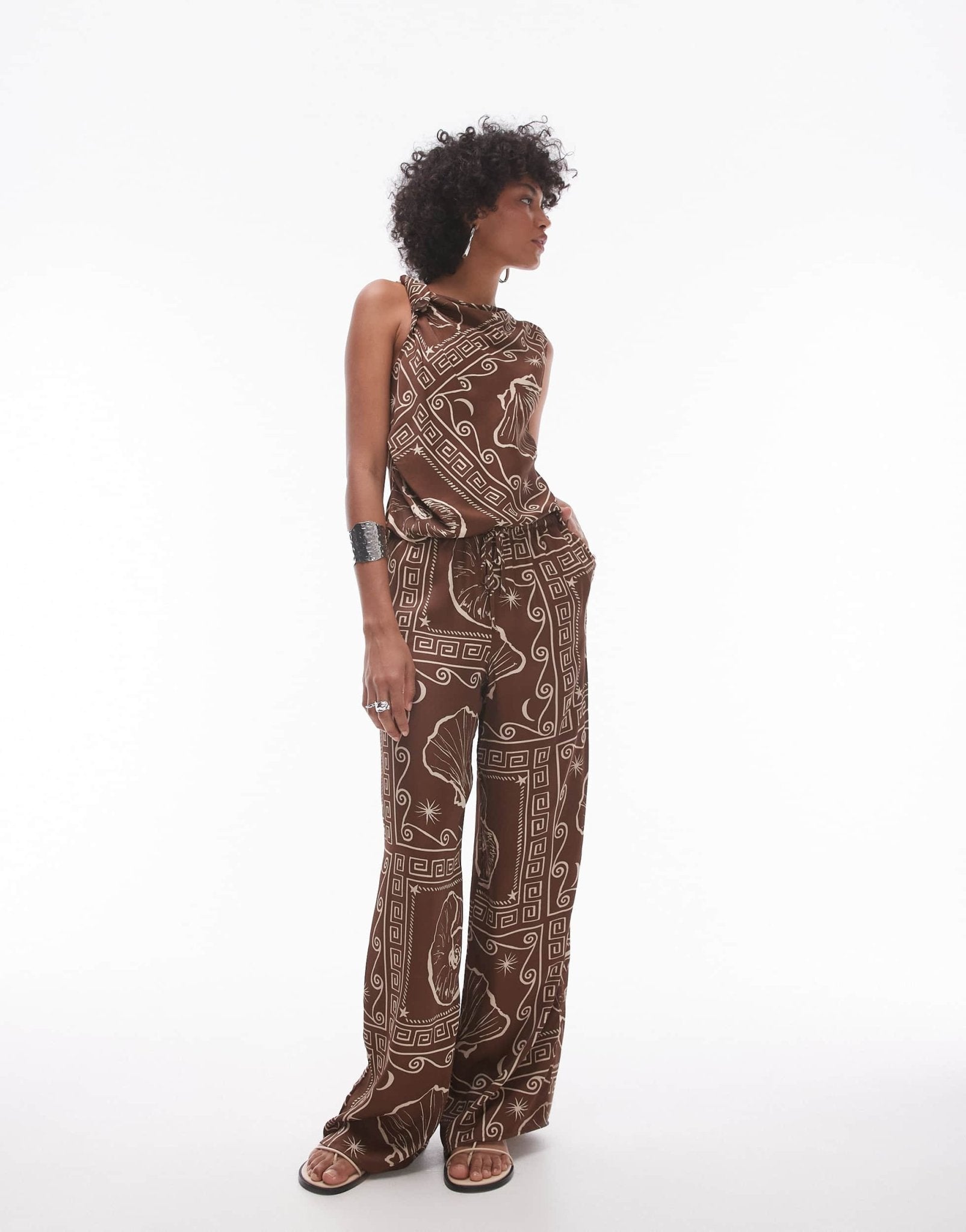 Topshop co ord satin wide leg trouser with tie waist in brown shell print - ASOS Sample Sale