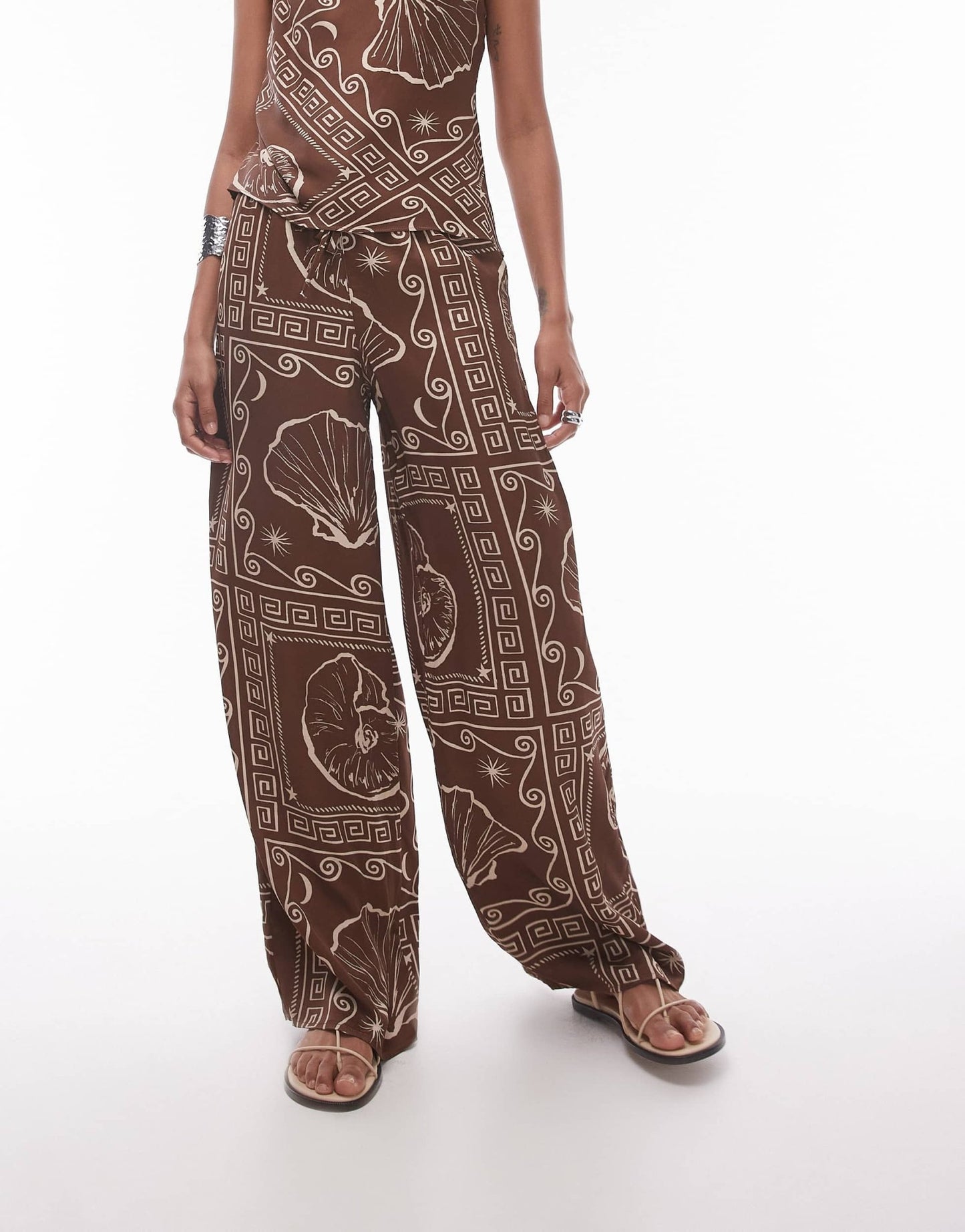 Topshop co ord satin wide leg trouser with tie waist in brown shell print - ASOS Sample Sale
