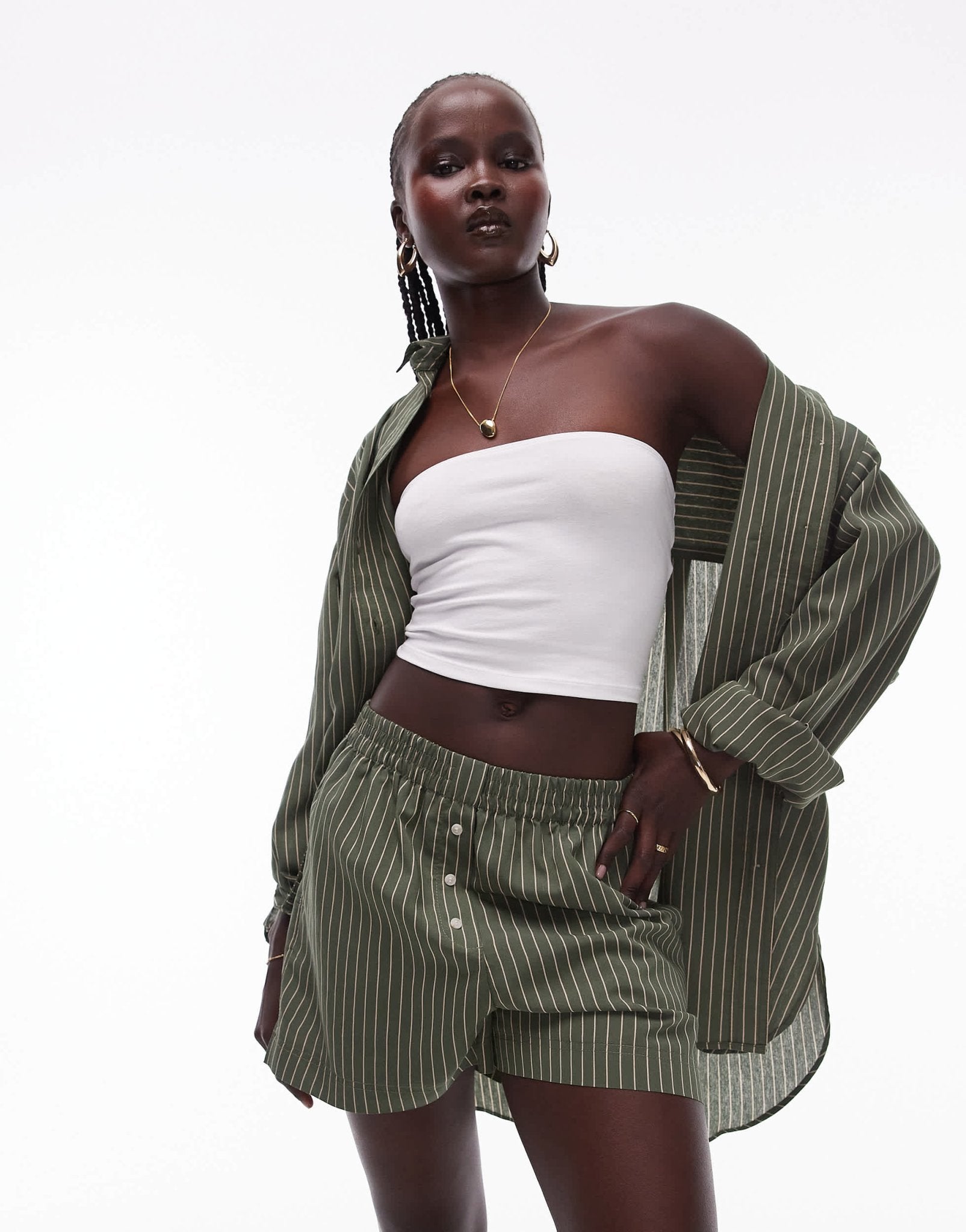 Topshop co - ord stripe pull on short in khaki - ASOS Sample Sale