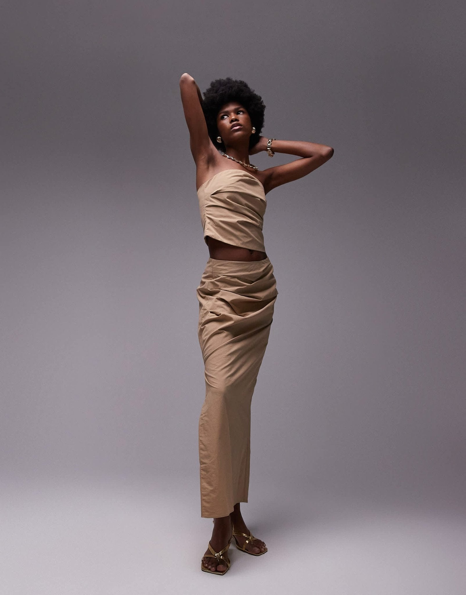 Topshop co - ord technical fabric maxi column skirt in sand - ASOS Sample Sale