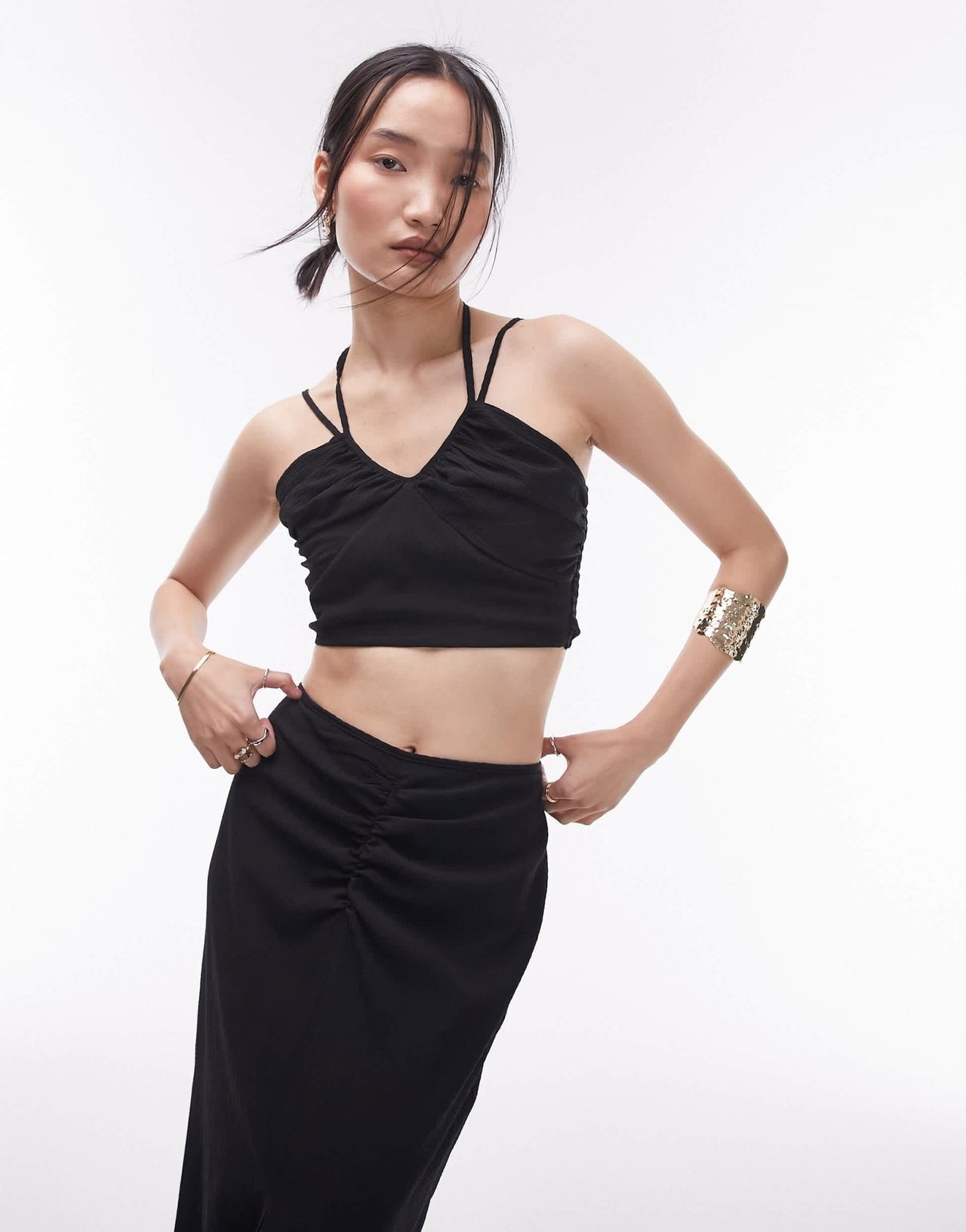 Topshop co - ord tie detail ruched front top in black - ASOS Sample Sale