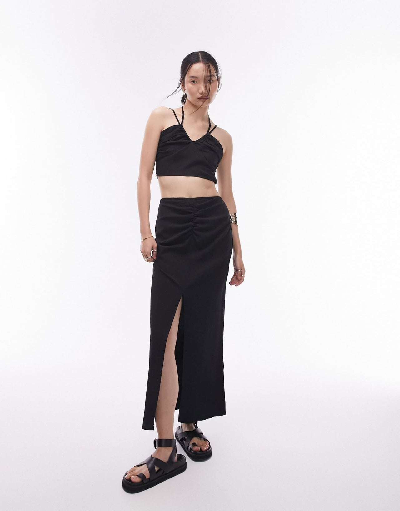 Topshop co - ord tie detail ruched front top in black - ASOS Sample Sale