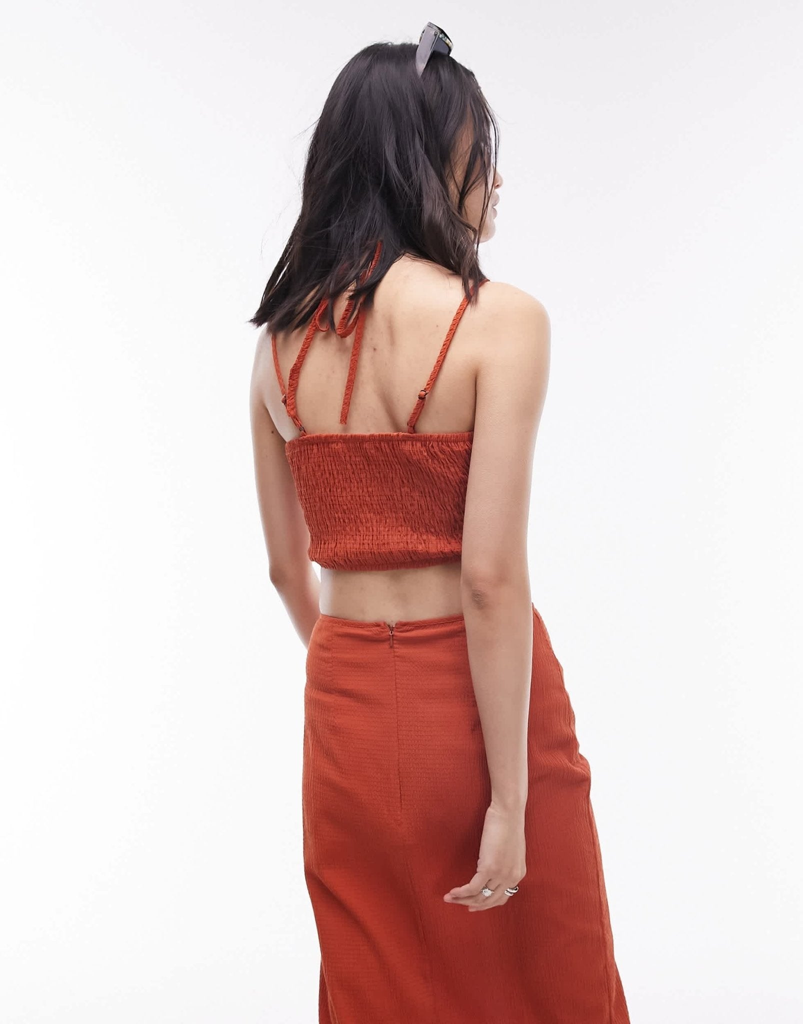Topshop co - ord tie detail ruched front top in rust - ASOS Sample Sale