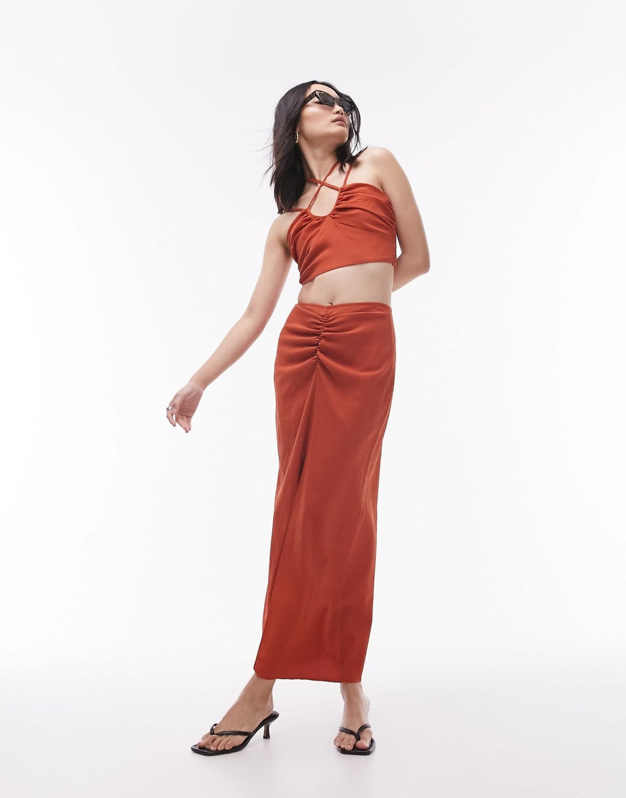 Topshop co - ord tie detail ruched front top in rust - ASOS Sample Sale