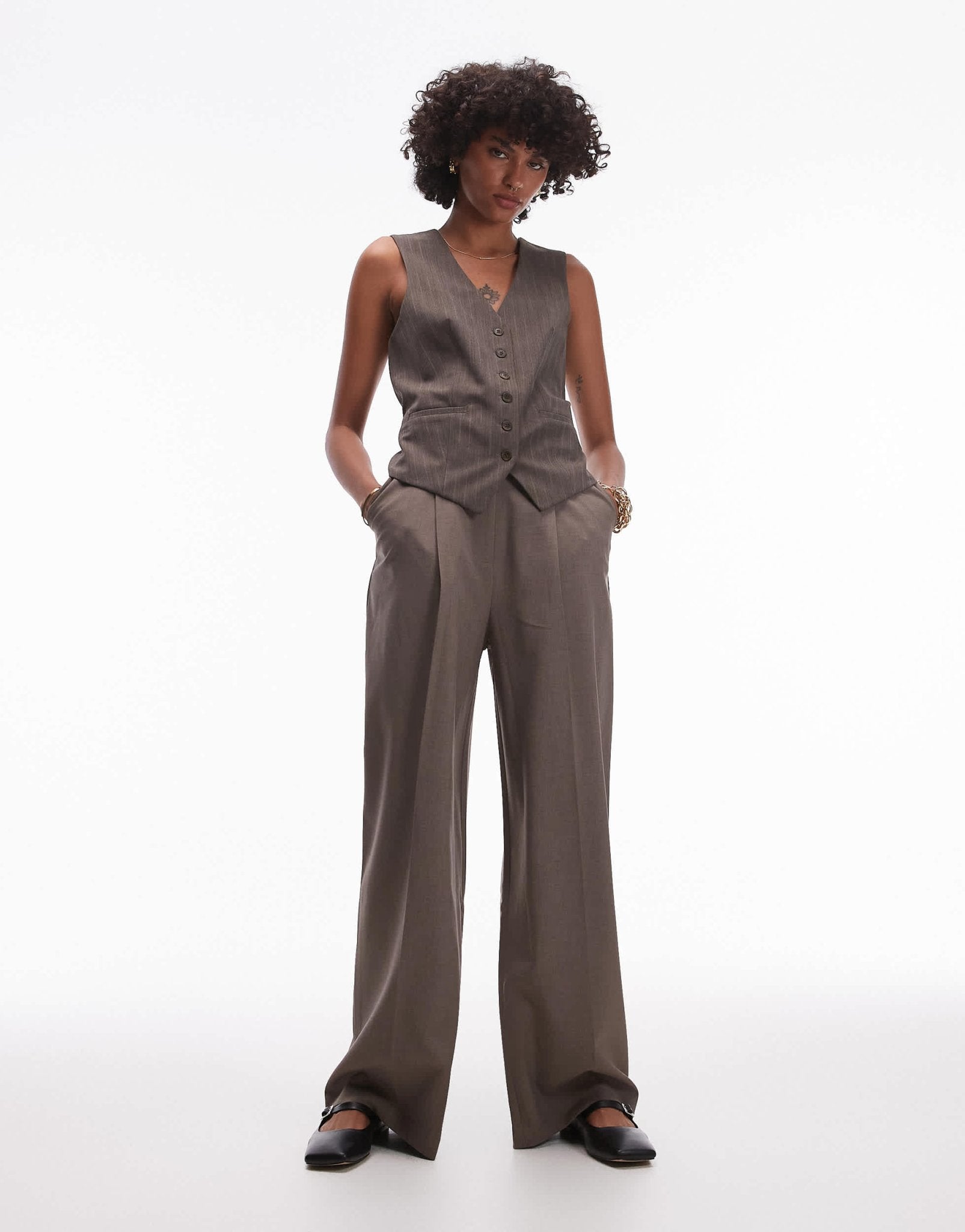 Topshop co ord v neck waistcoat in brown BROWN - ASOS Sample Sale