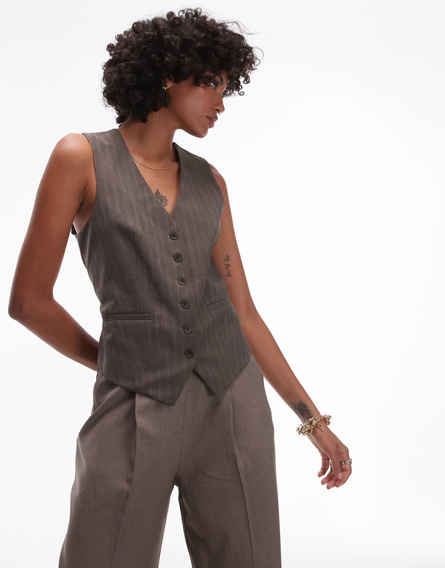 Topshop co ord v neck waistcoat in brown BROWN - ASOS Sample Sale