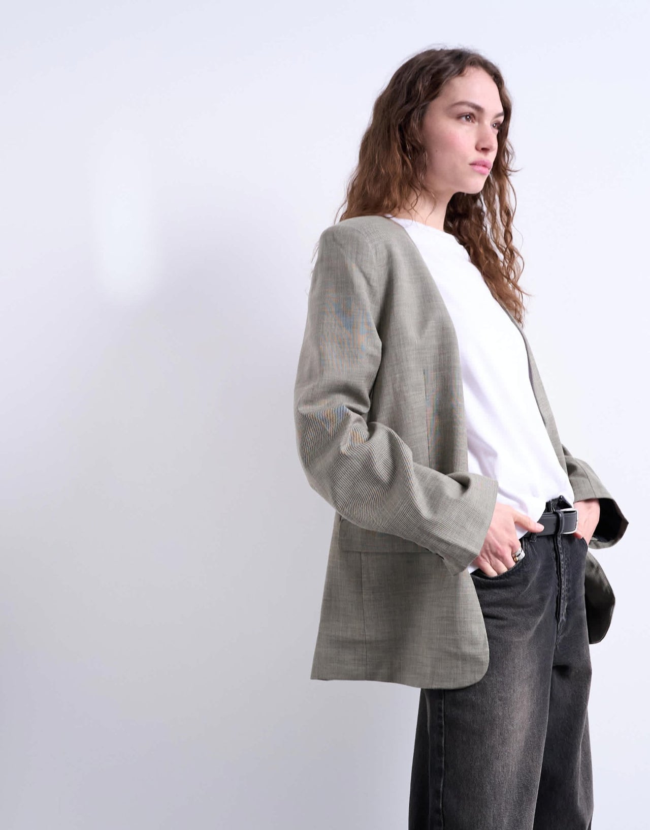 Topshop collarless chuck on blazer in grey check - ASOS Sample Sale
