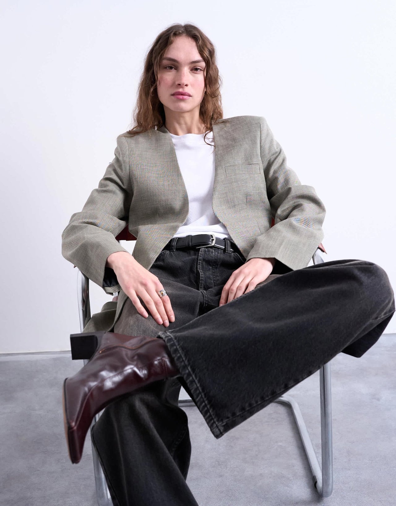Topshop collarless chuck on blazer in grey check - ASOS Sample Sale