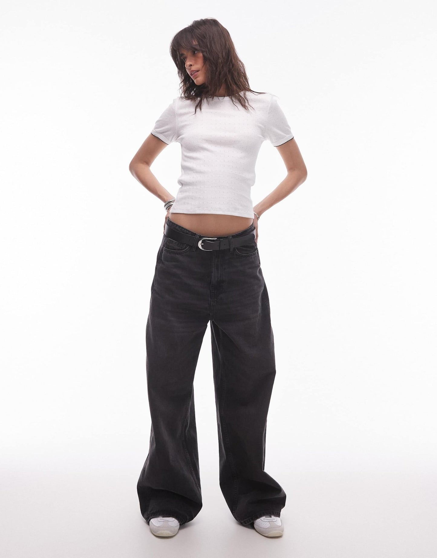 Topshop contrast binding pointelle tee in ivory - ASOS Sample Sale