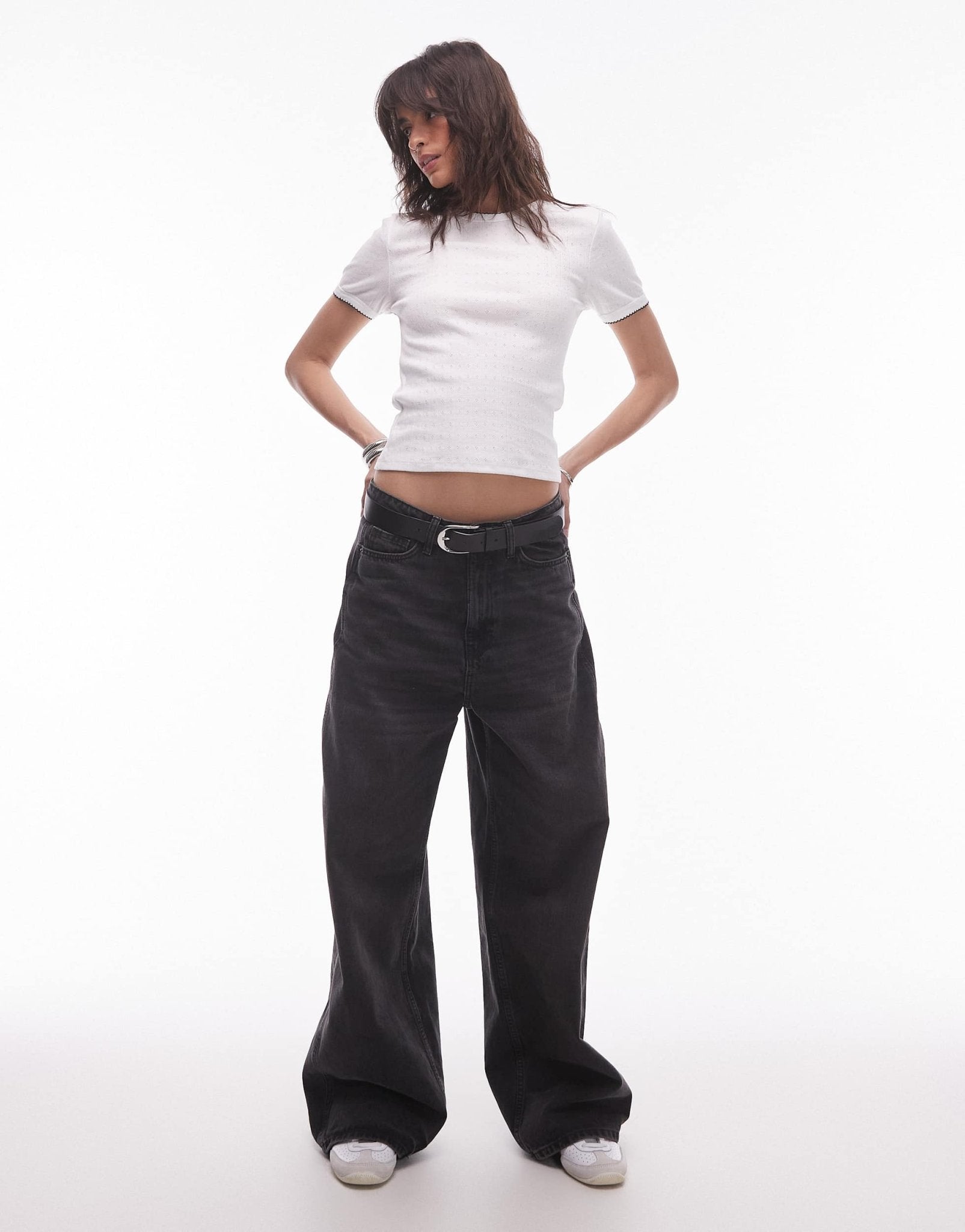 Topshop contrast binding pointelle tee in ivory - ASOS Sample Sale