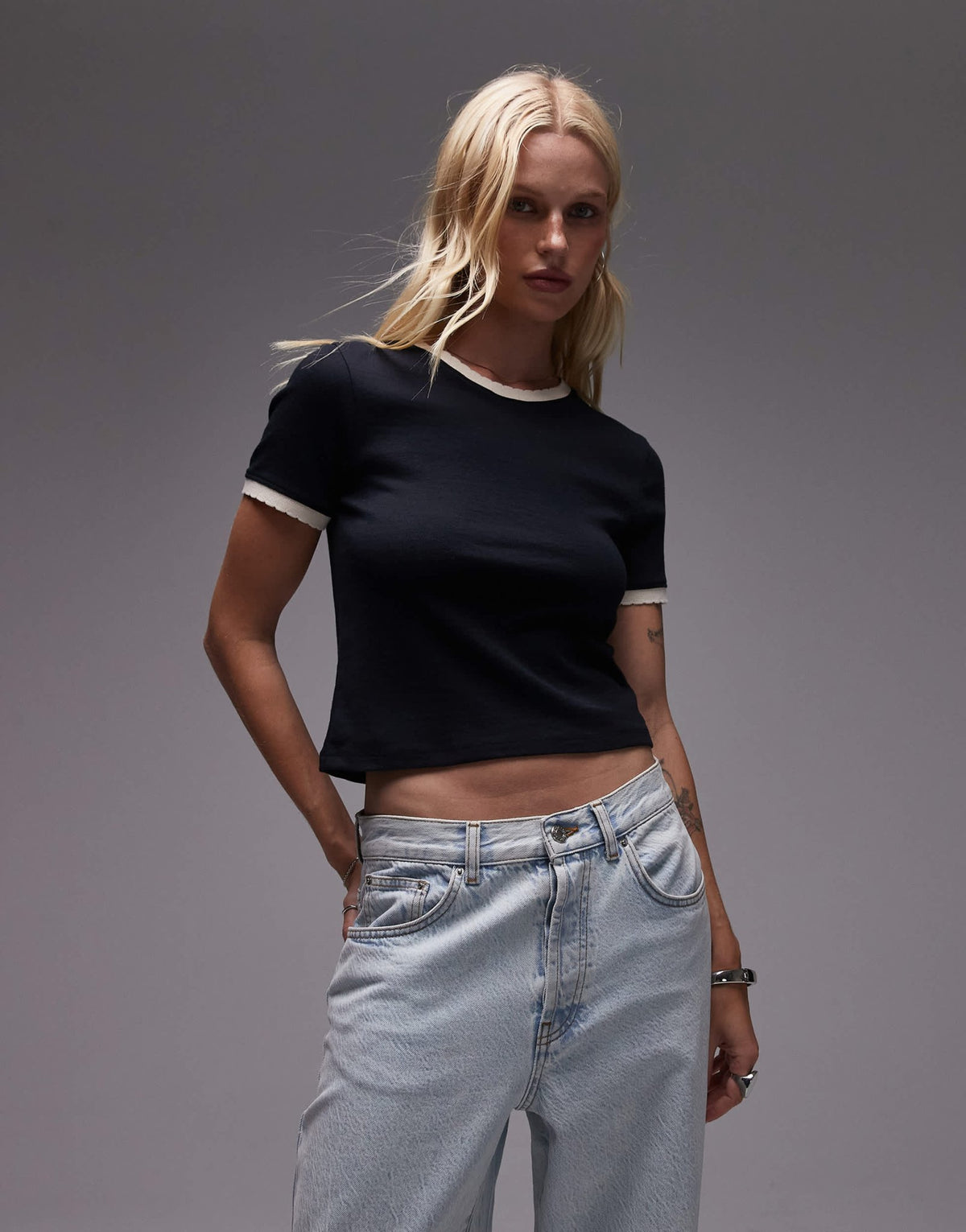 Topshop contrast frill edge everyday tee in black - ASOS Sample Sale