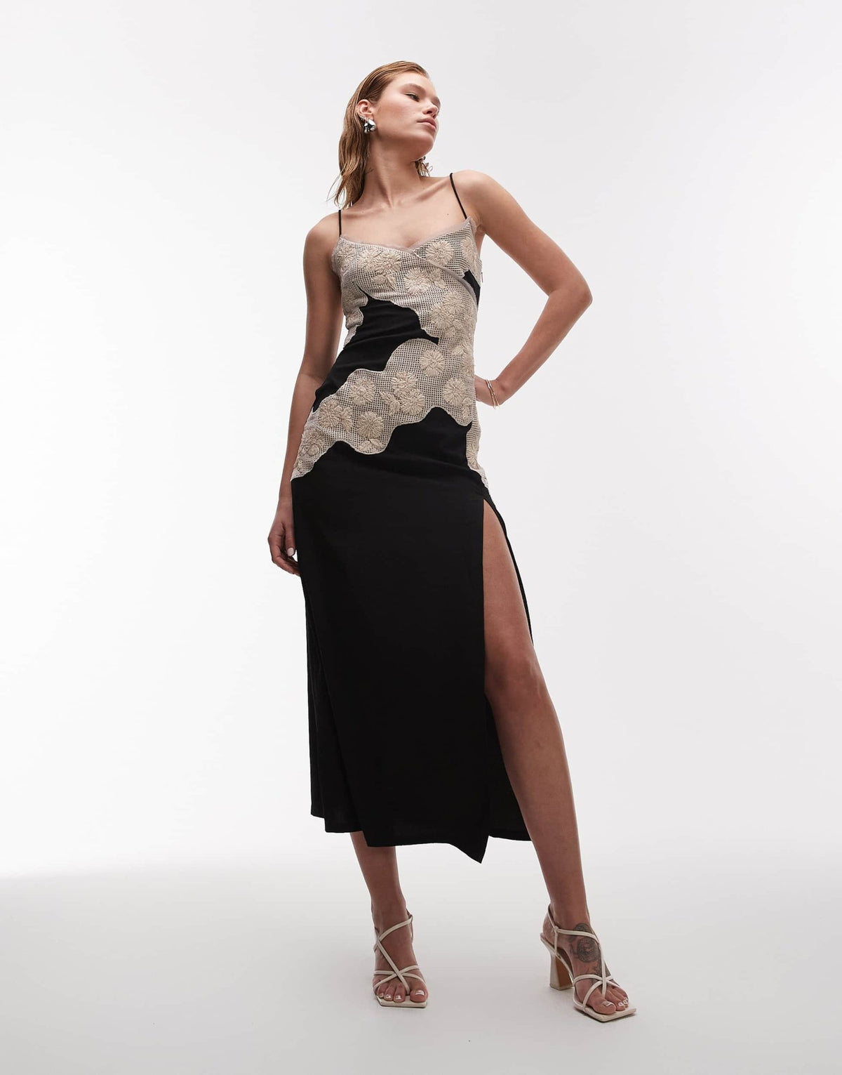 Topshop contrast raffia insert midi slip dress in black - ASOS Sample Sale