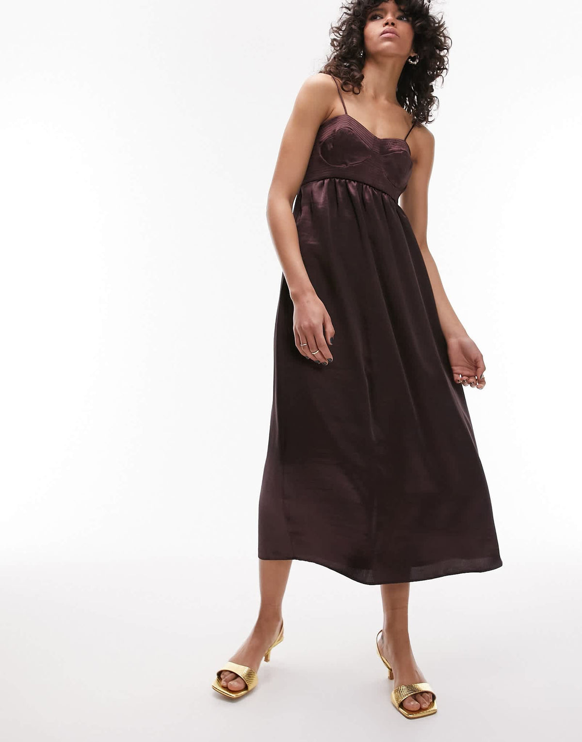 Topshop corset bust satin midi dress in chocolate - ASOS Sample Sale