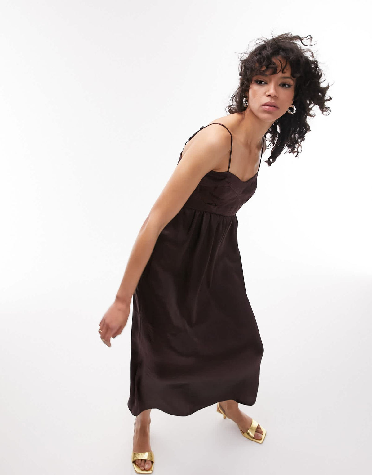 Topshop corset bust satin midi dress in chocolate - ASOS Sample Sale