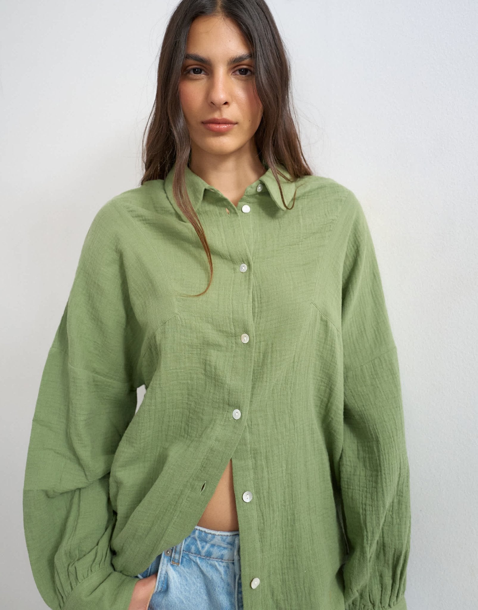 Topshop cotton casual angled armhole shirt in khaki - ASOS Sample Sale