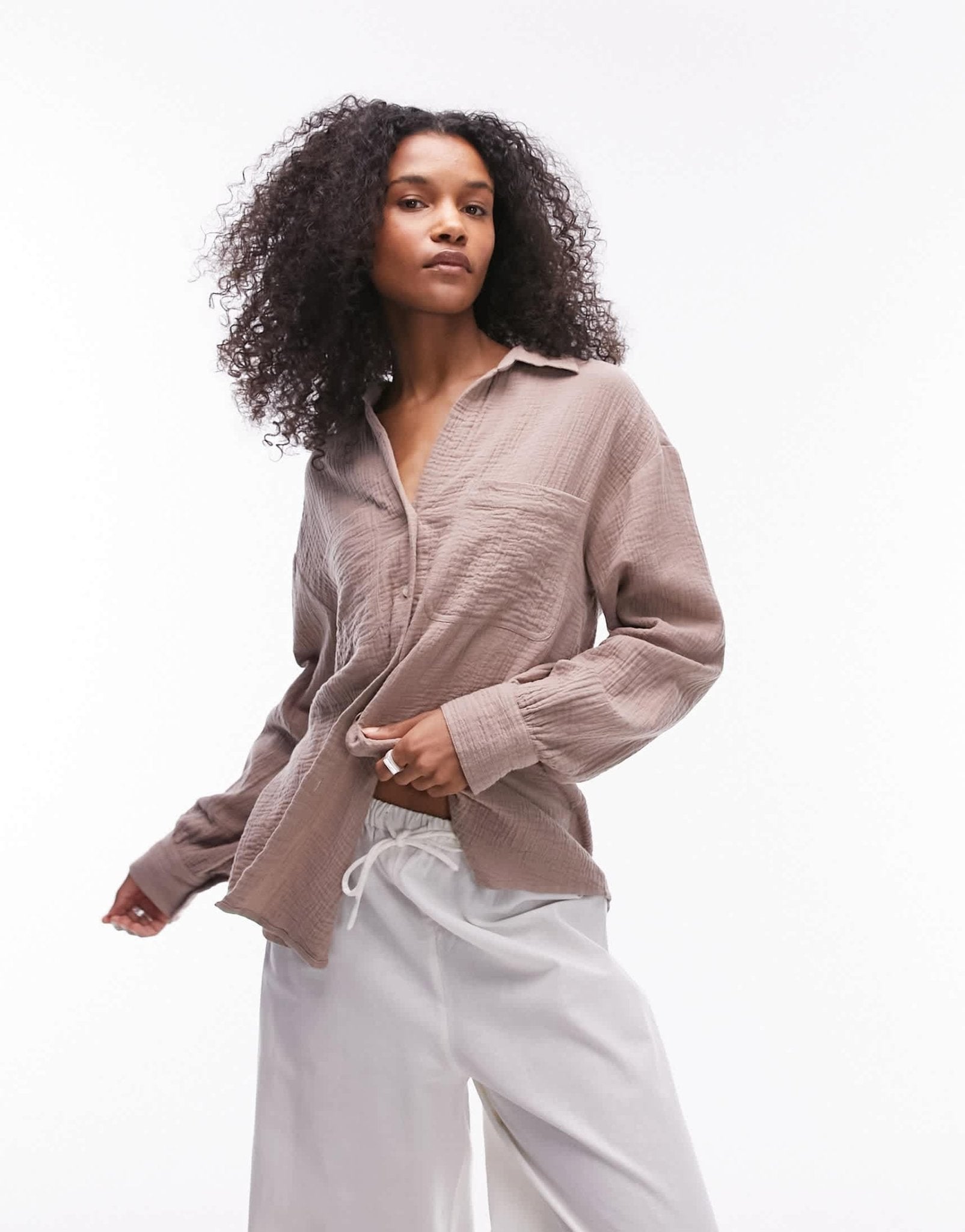 Topshop cotton casual shirt in stone - ASOS Sample Sale