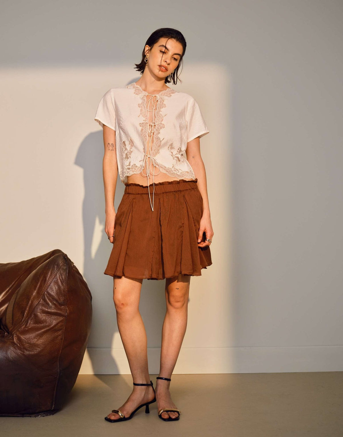 Topshop cotton flippy mini skirt with godets in brown - ASOS Sample Sale