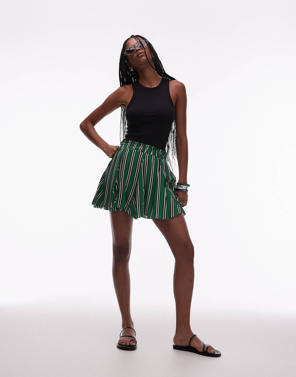 Topshop cotton flippy mini skirt with godets in green stripe - ASOS Sample Sale