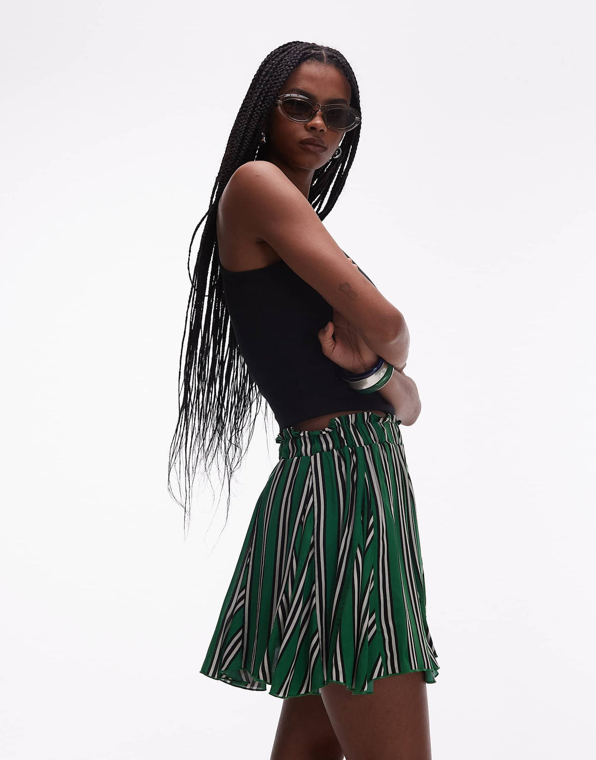 Topshop cotton flippy mini skirt with godets in green stripe - ASOS Sample Sale