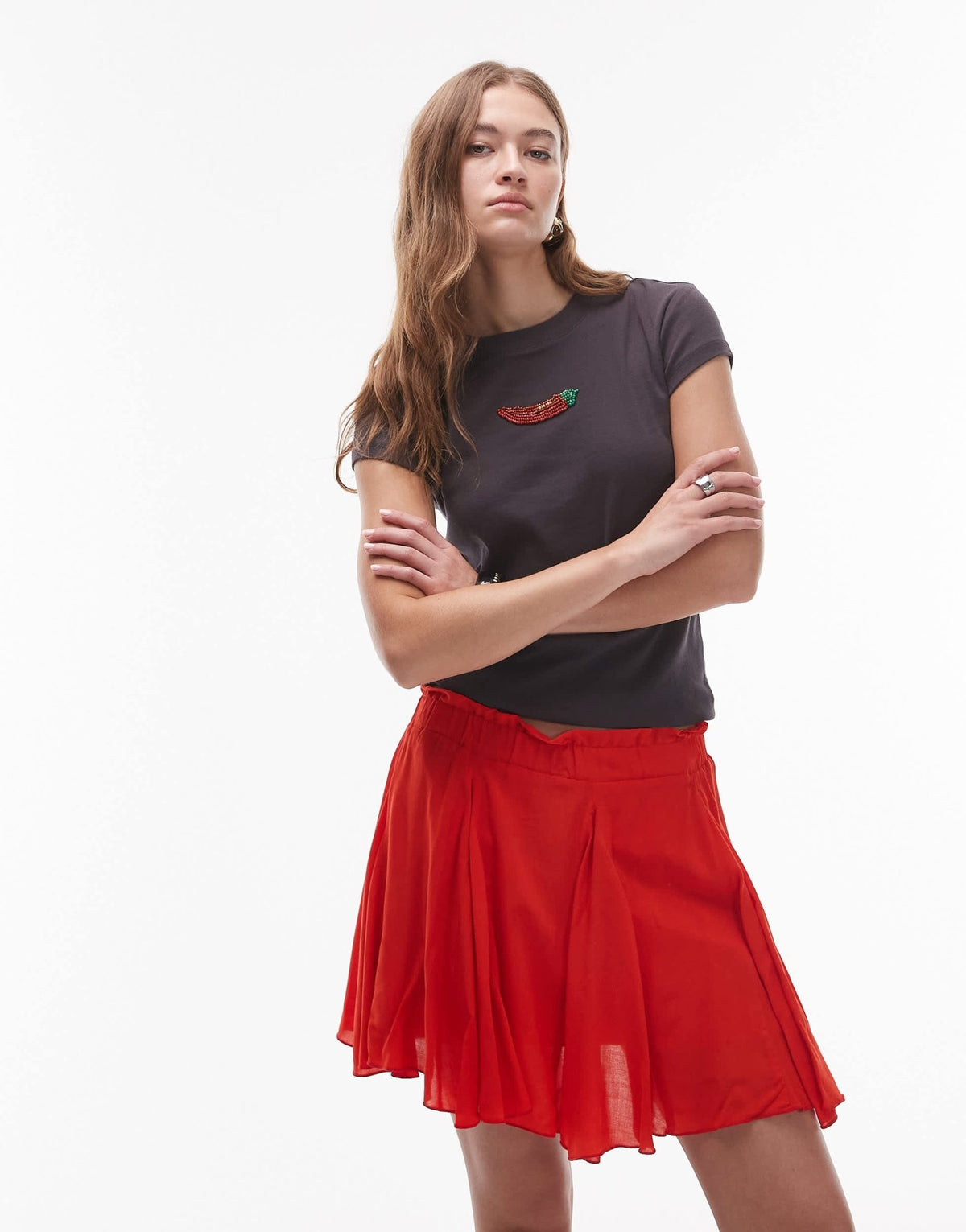 Topshop cotton flippy mini skirt with godets in red - ASOS Sample Sale