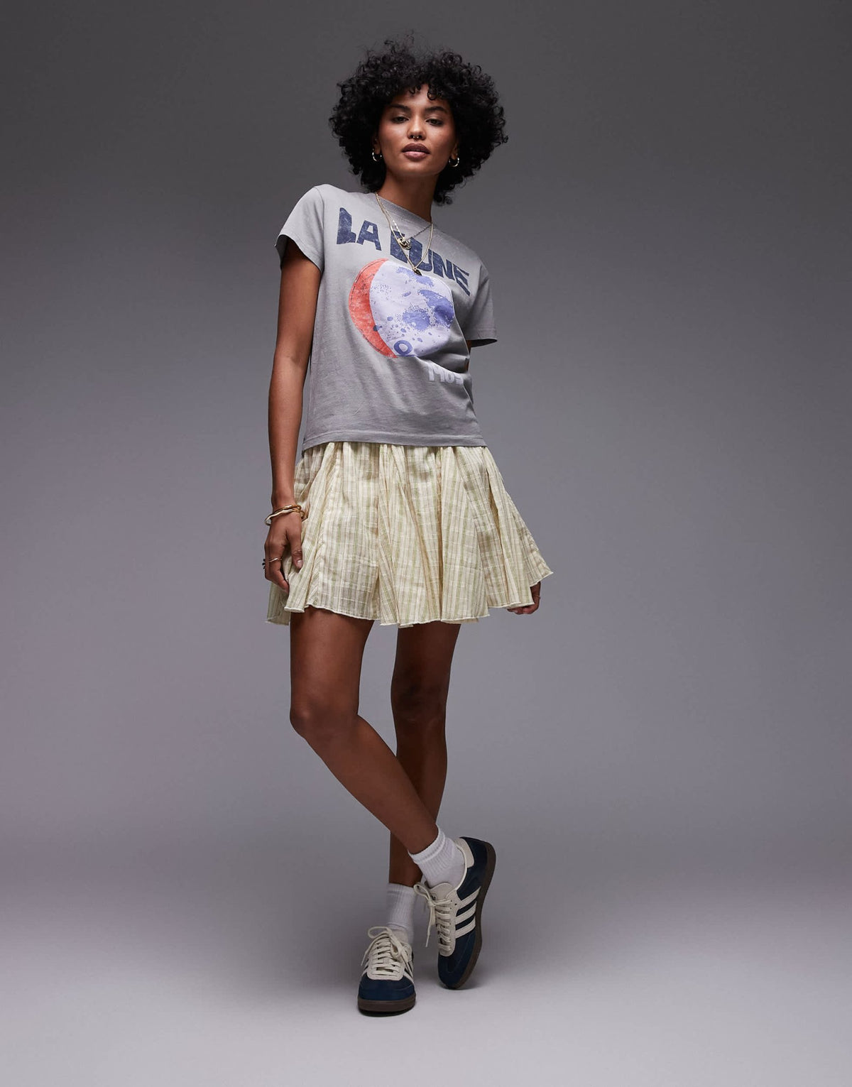 Topshop cotton flippy mini skirt with godets in yellow and green stripe - ASOS Sample Sale