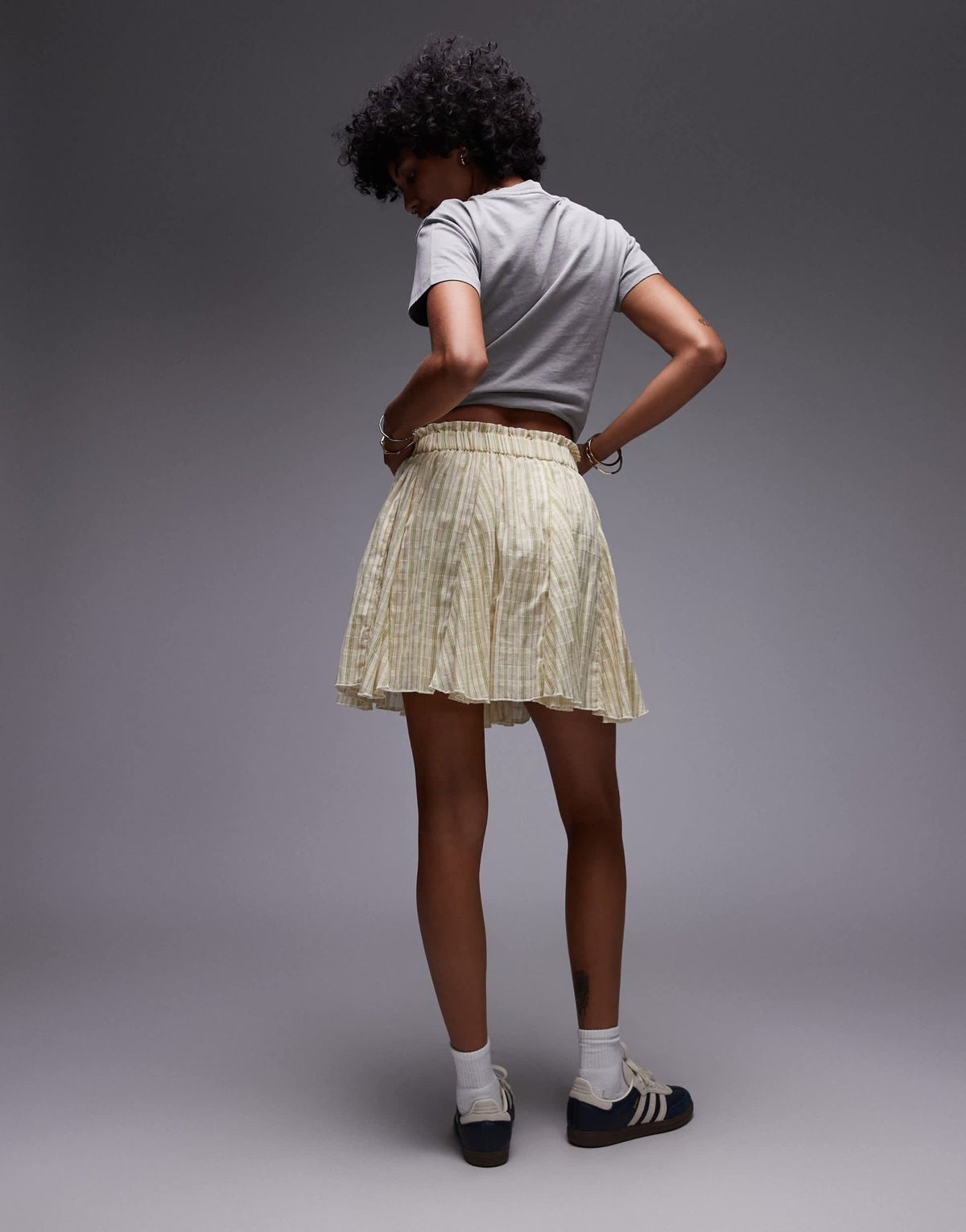Topshop cotton flippy mini skirt with godets in yellow and green stripe - ASOS Sample Sale