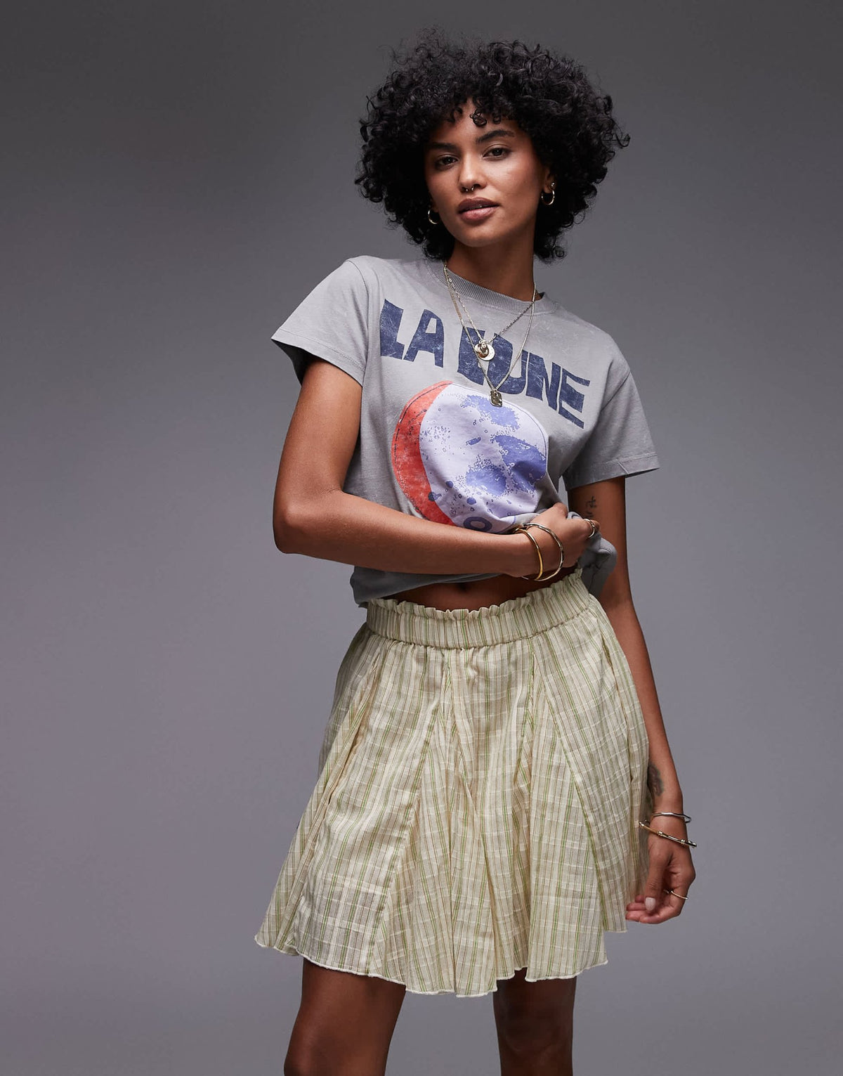 Topshop cotton flippy mini skirt with godets in yellow and green stripe - ASOS Sample Sale