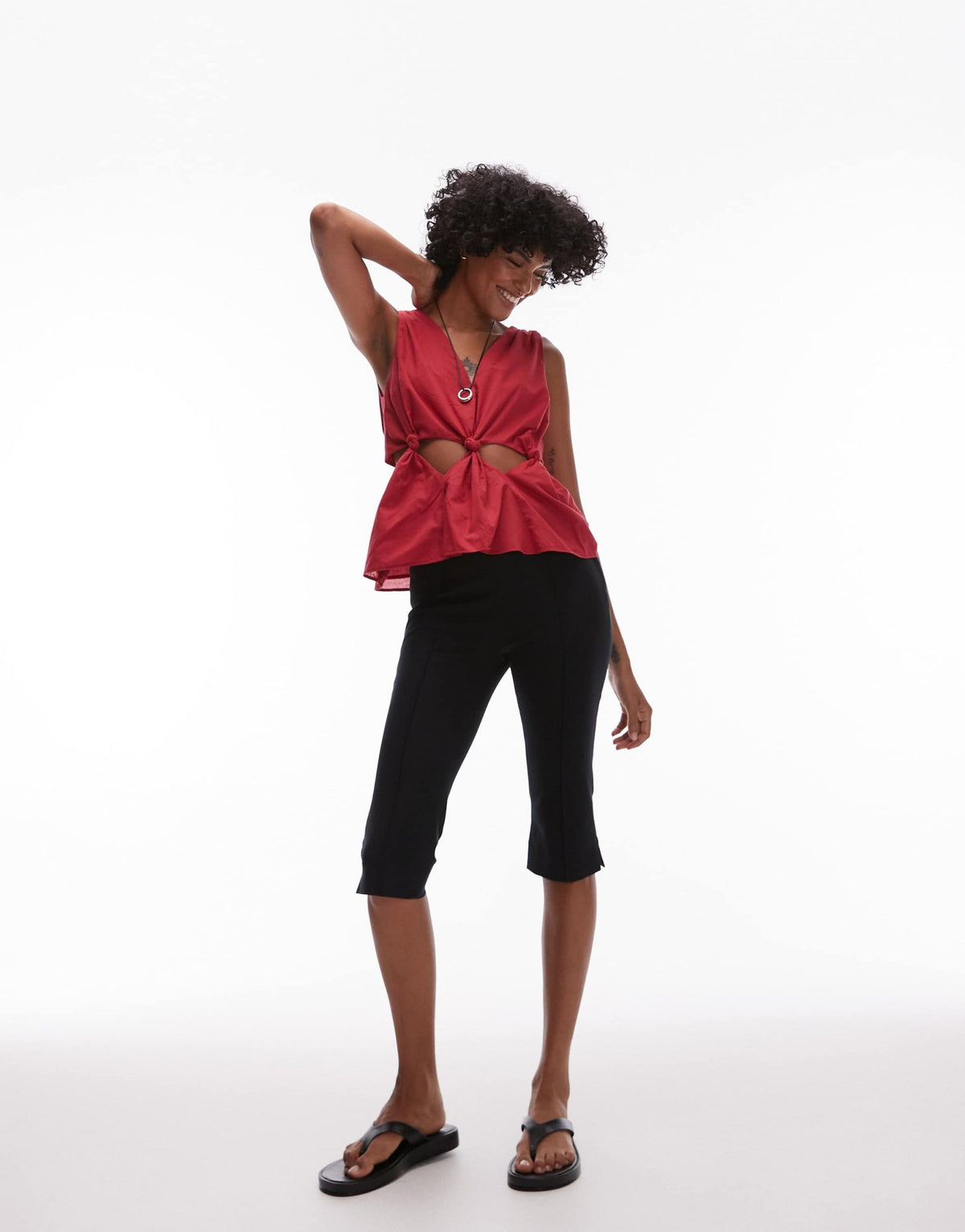 Topshop cotton voil sleeveles knot waist top in red - ASOS Sample Sale