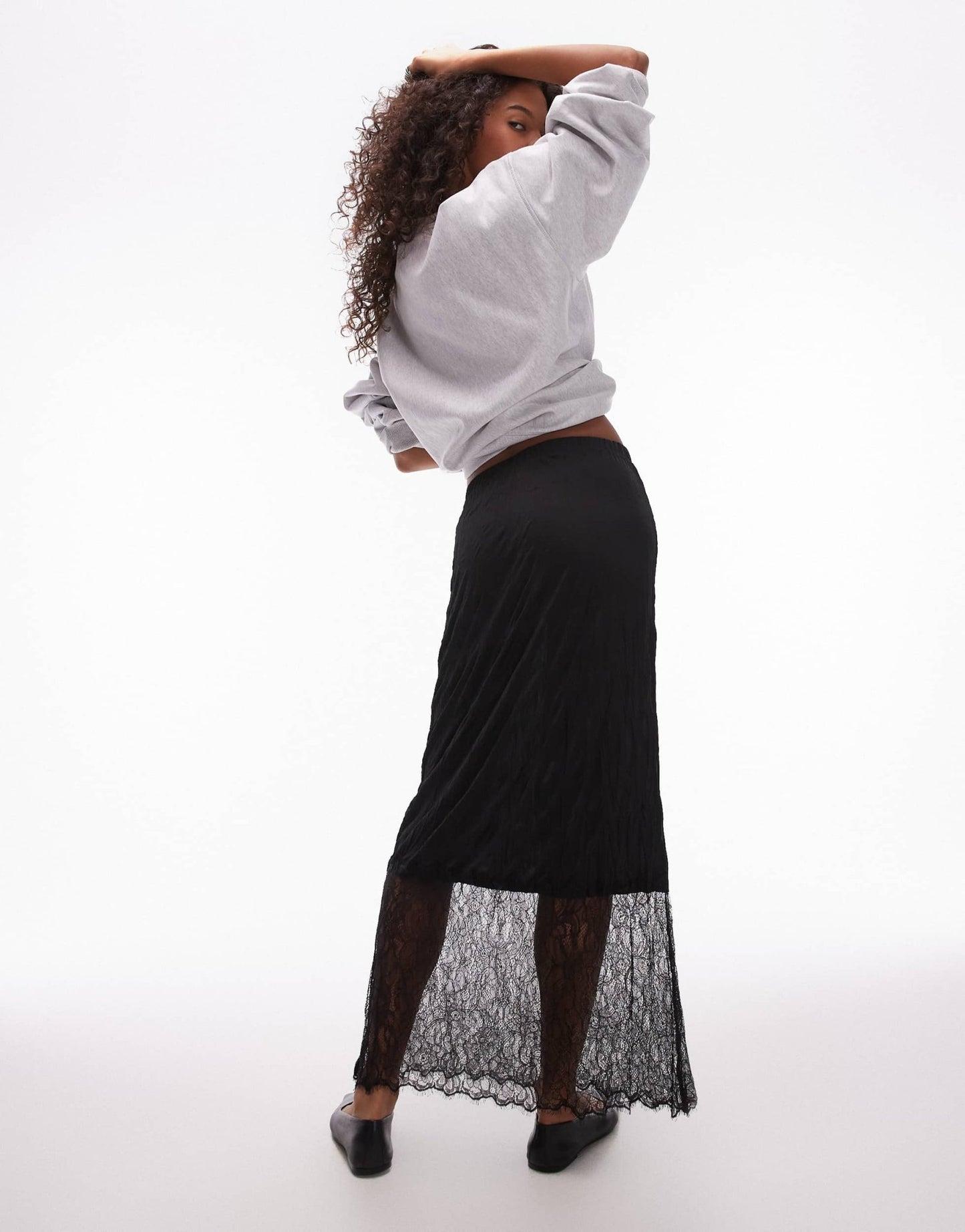 Topshop crinkle lace hem detail midi skirt in black - ASOS Sample Sale