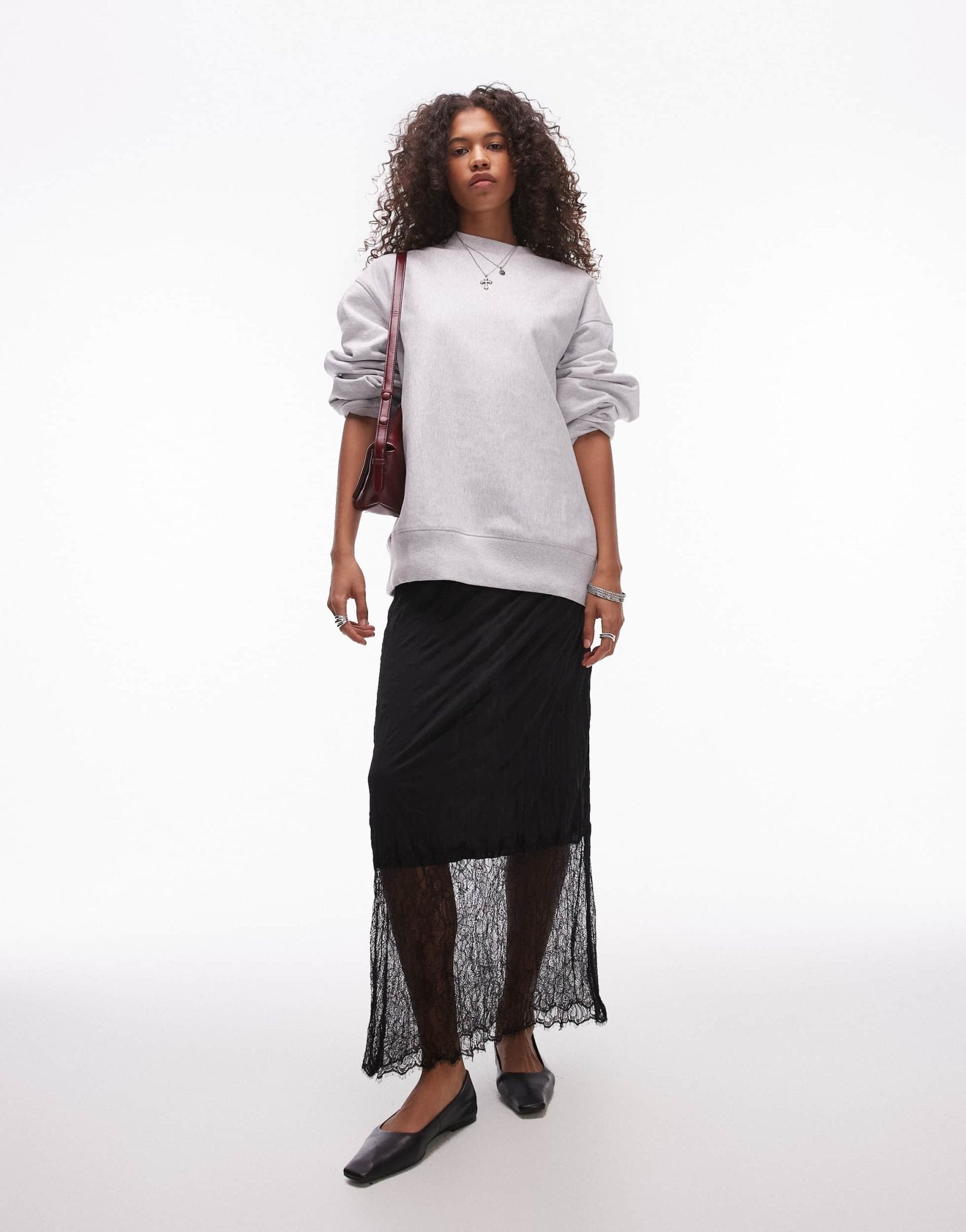 Topshop crinkle lace hem detail midi skirt in black - ASOS Sample Sale