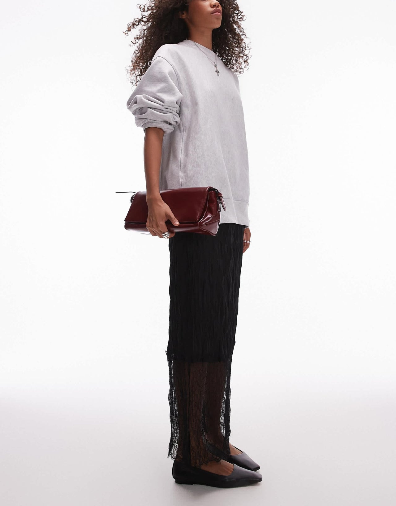 Topshop crinkle lace hem detail midi skirt in black - ASOS Sample Sale