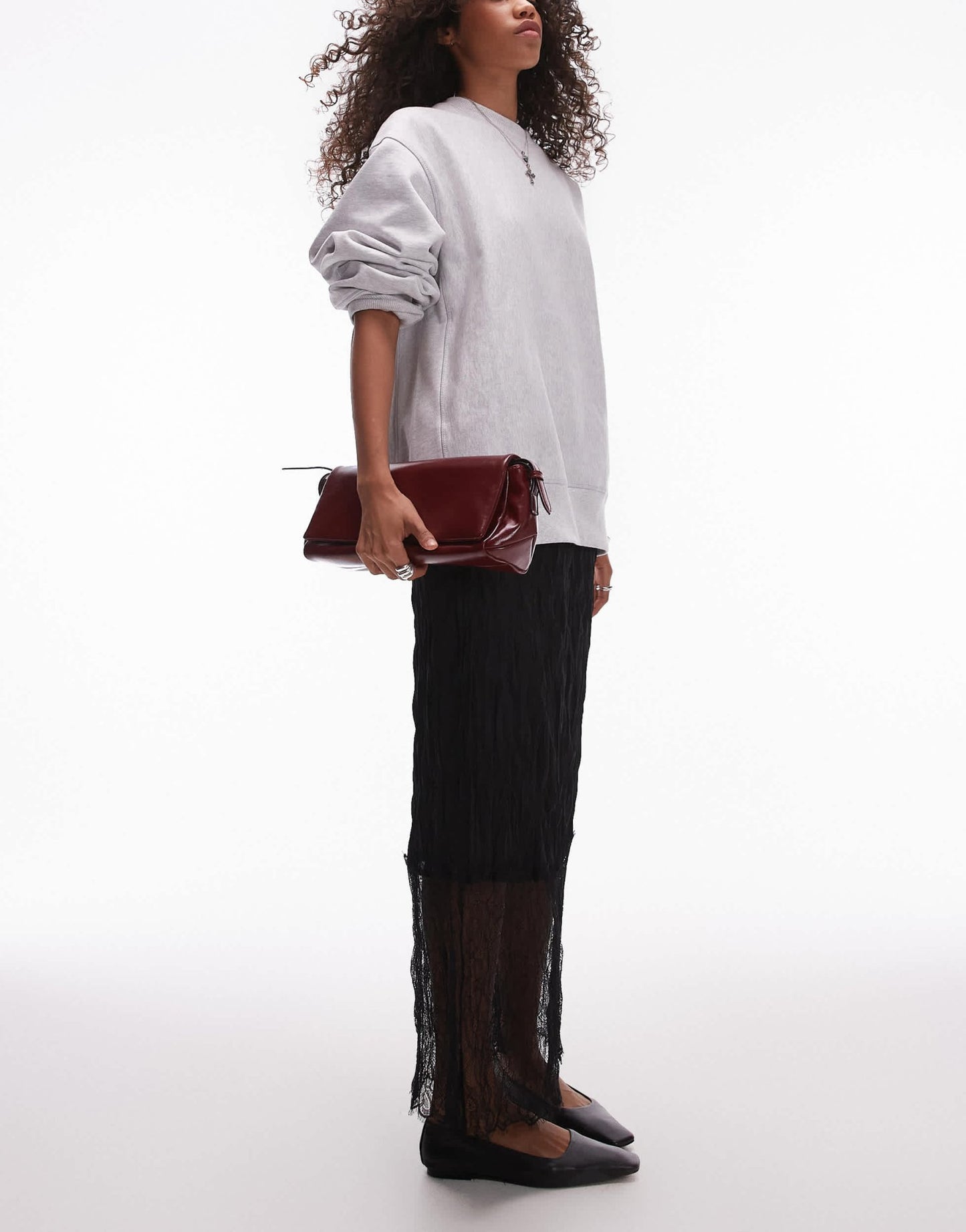 Topshop crinkle lace hem detail midi skirt in black - ASOS Sample Sale