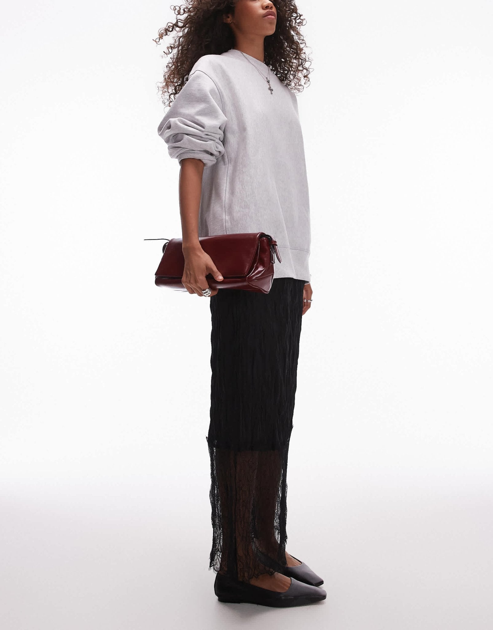Topshop crinkle lace hem detail midi skirt in black - ASOS Sample Sale